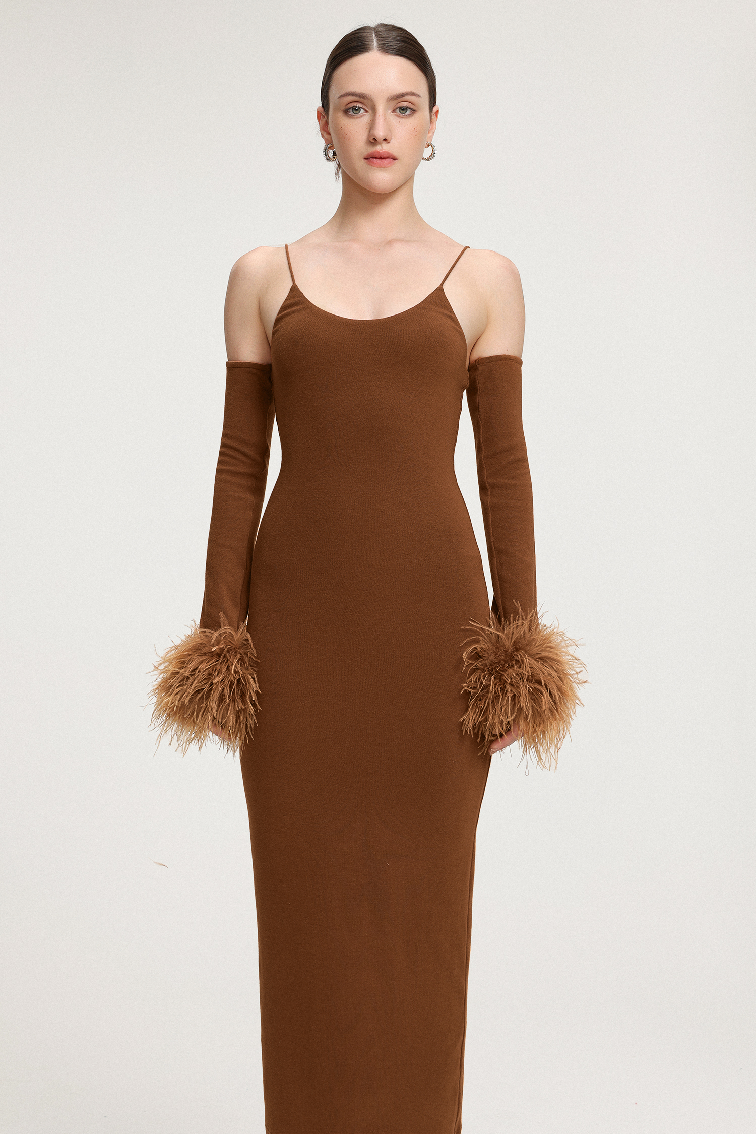 Feather-Cuffed Knit Midi Dress