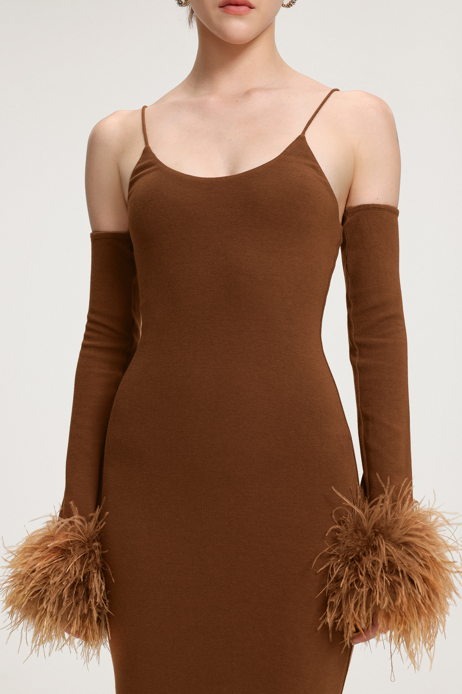 Feather-Cuffed Knit Midi Dress