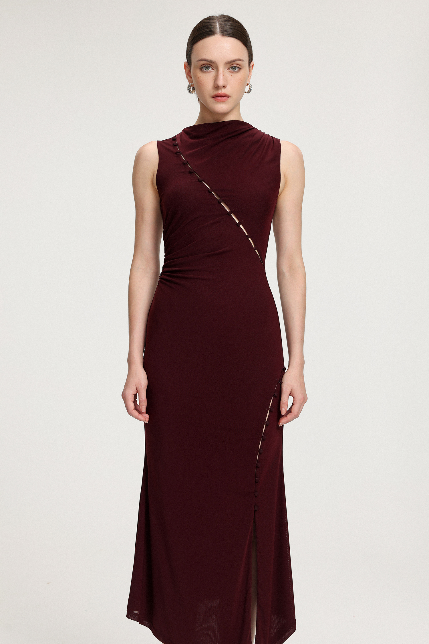 Asymmetric Ruched Sit Jersey Midi Dress