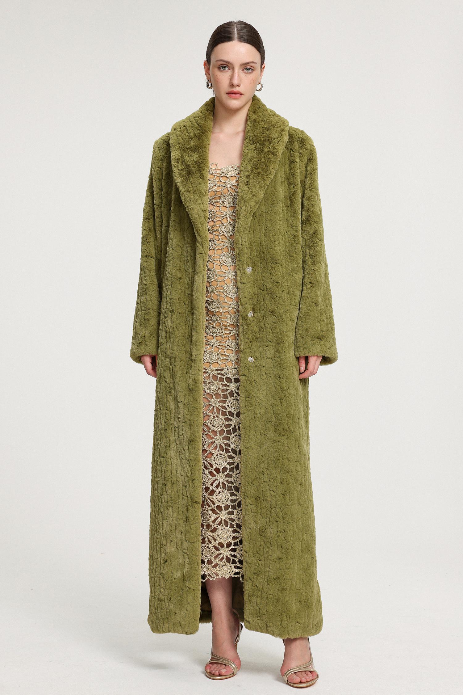 Shawl-Collar Textured Faux Fur Maxi Coat