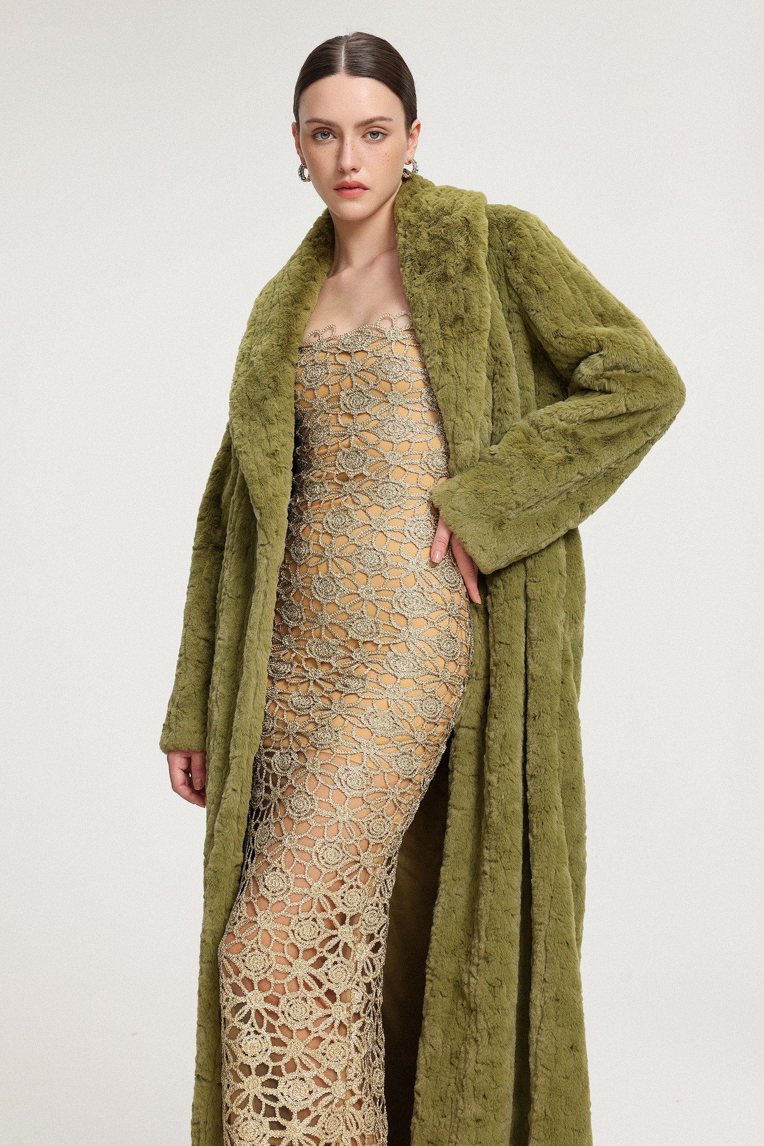 Shawl-Collar Textured Faux Fur Maxi Coat