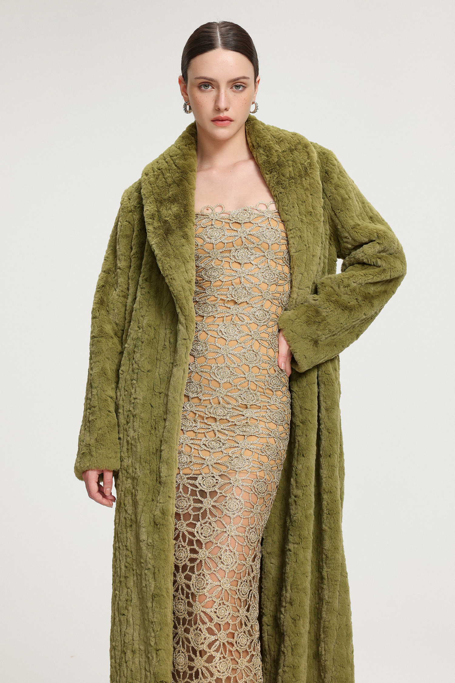 Shawl-Collar Textured Faux Fur Maxi Coat