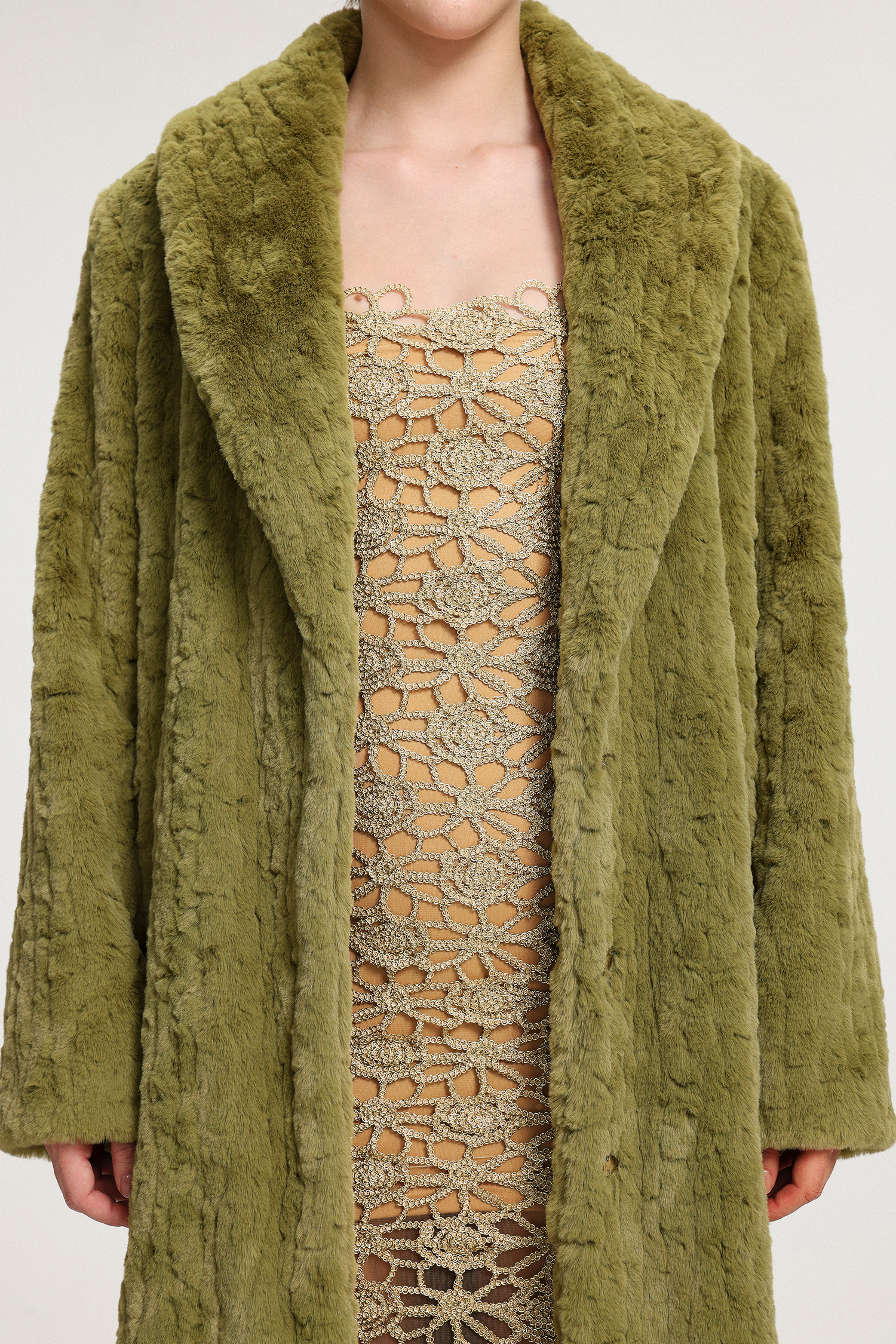 Shawl-Collar Textured Faux Fur Maxi Coat