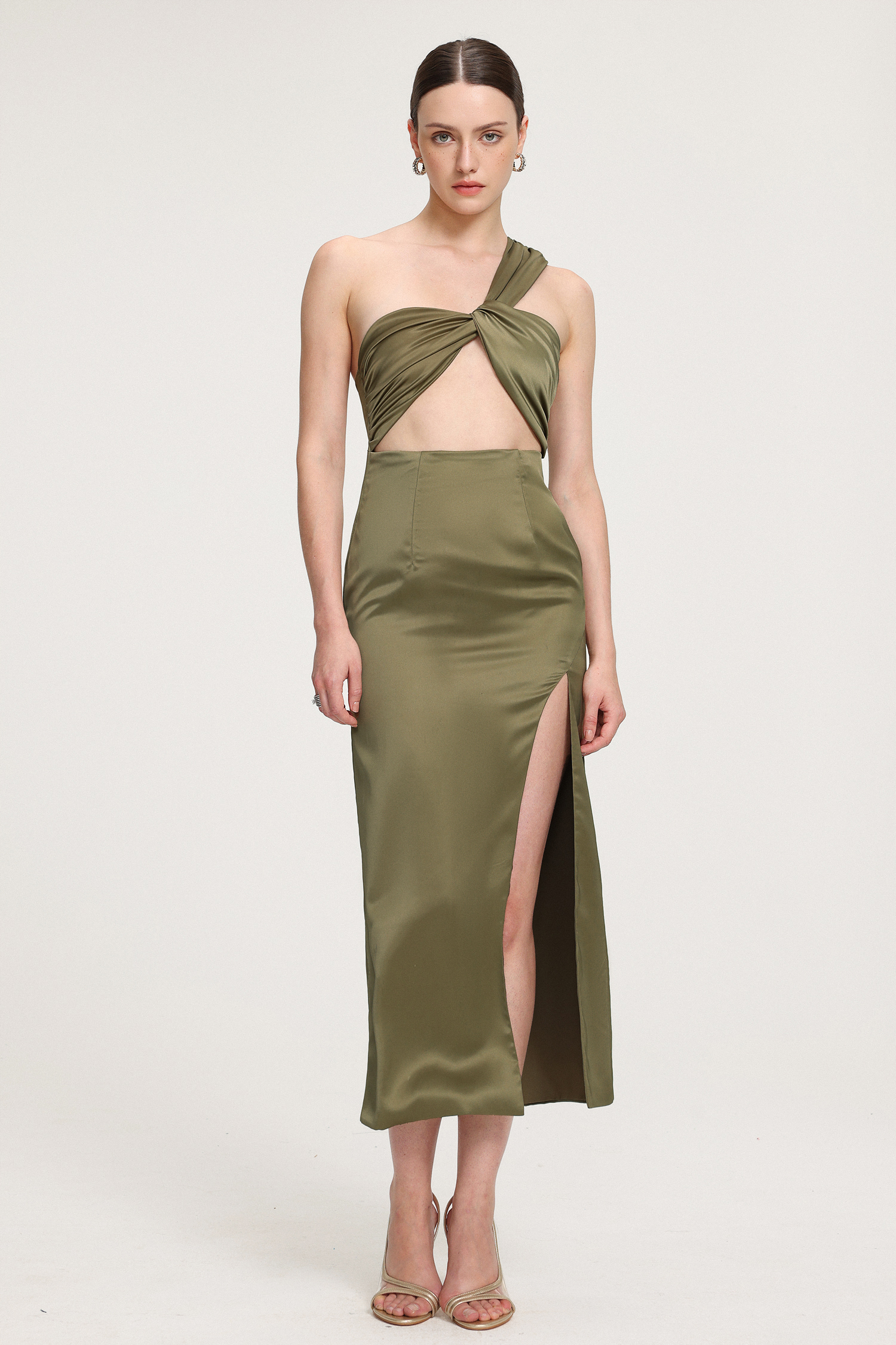Twisted Cutout Satin Midi Dress