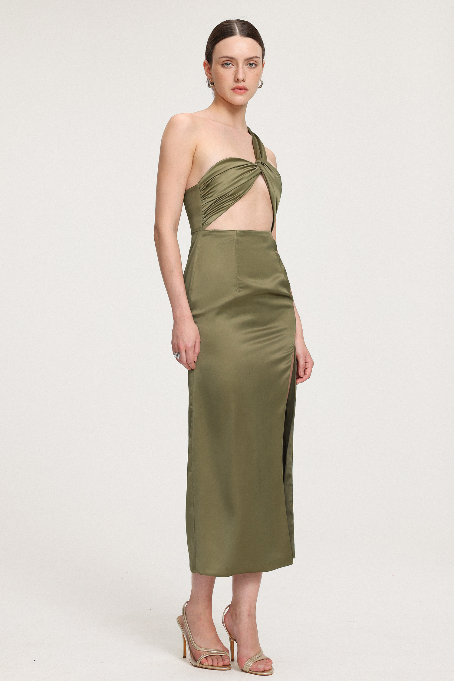 Twisted Cutout Satin Midi Dress
