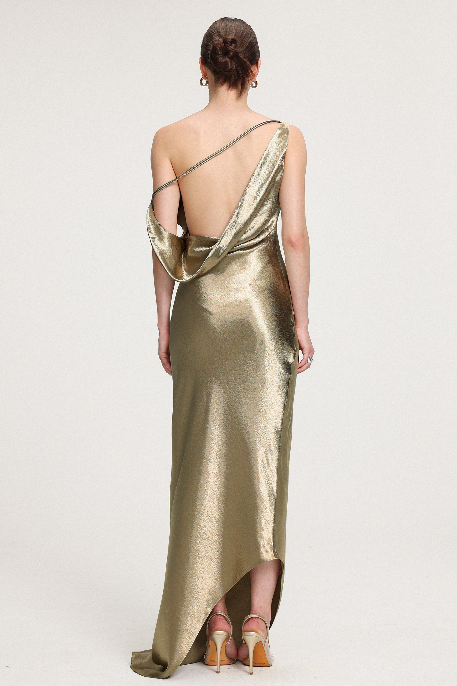 One-Shoulder Draped Metallic Satin Maxi Dress