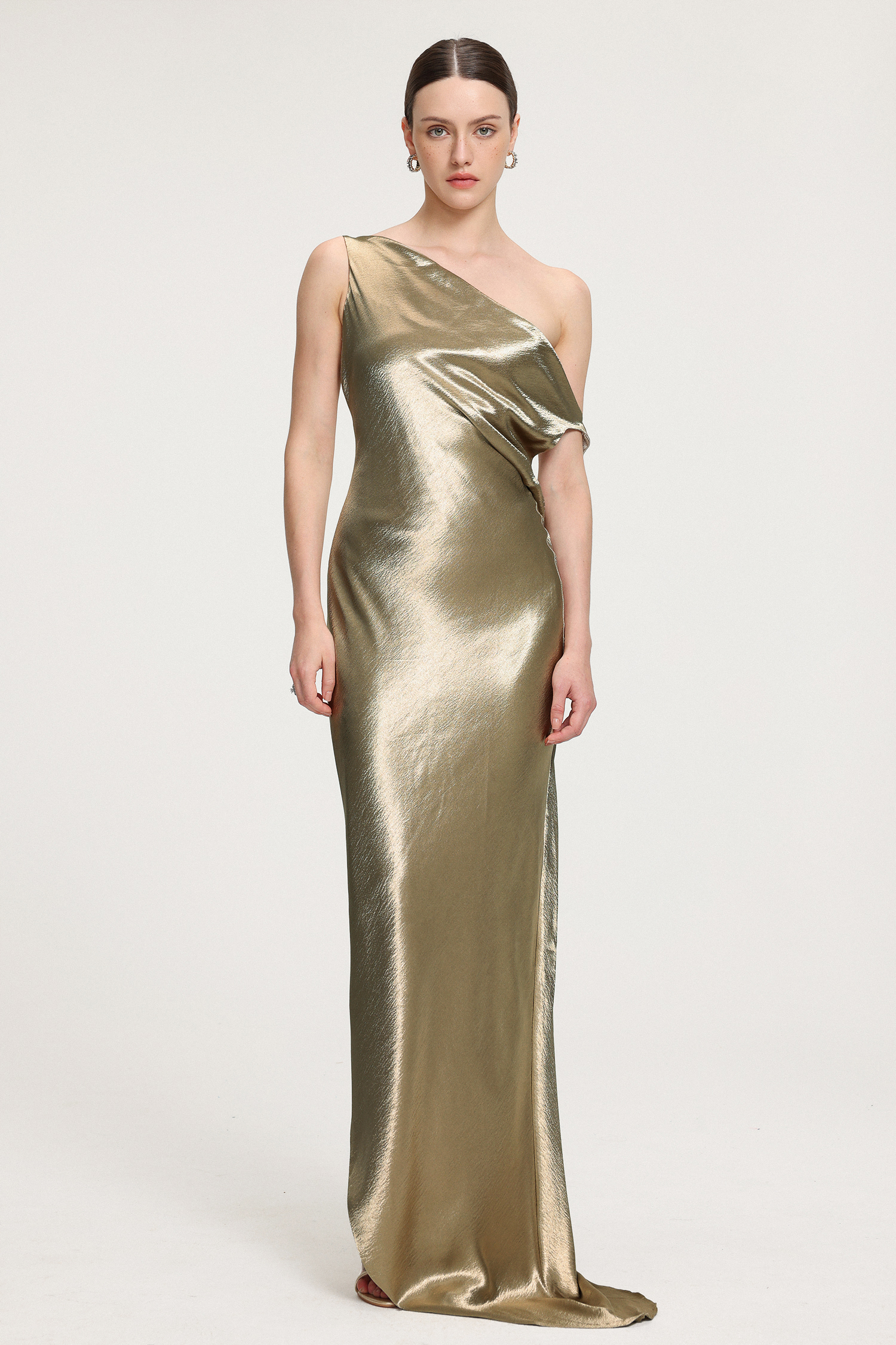 One-Shoulder Draped Metallic Satin Maxi Dress