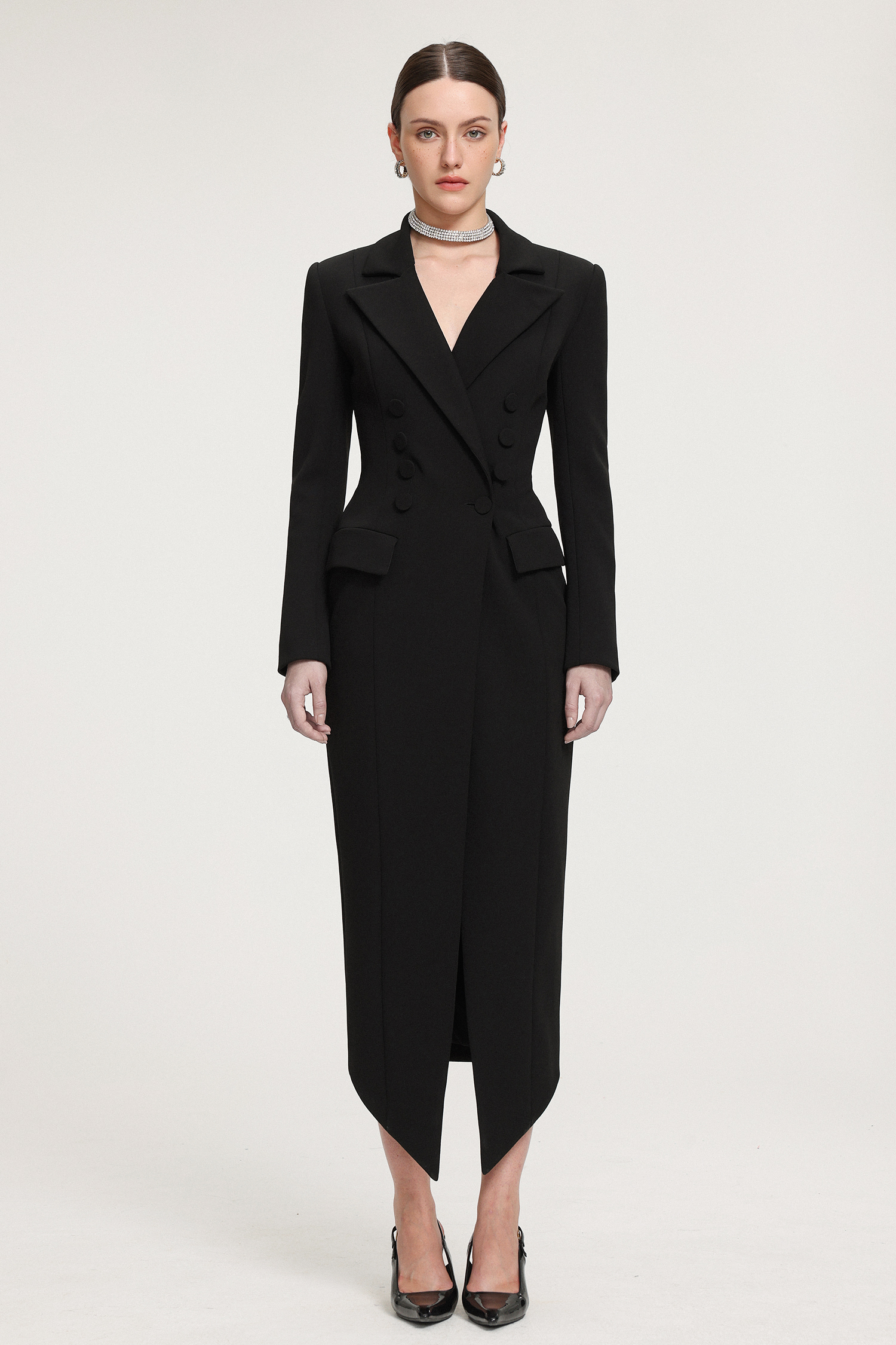 Double-Breasted Asymmetric Hem Crepe Maxi Coat