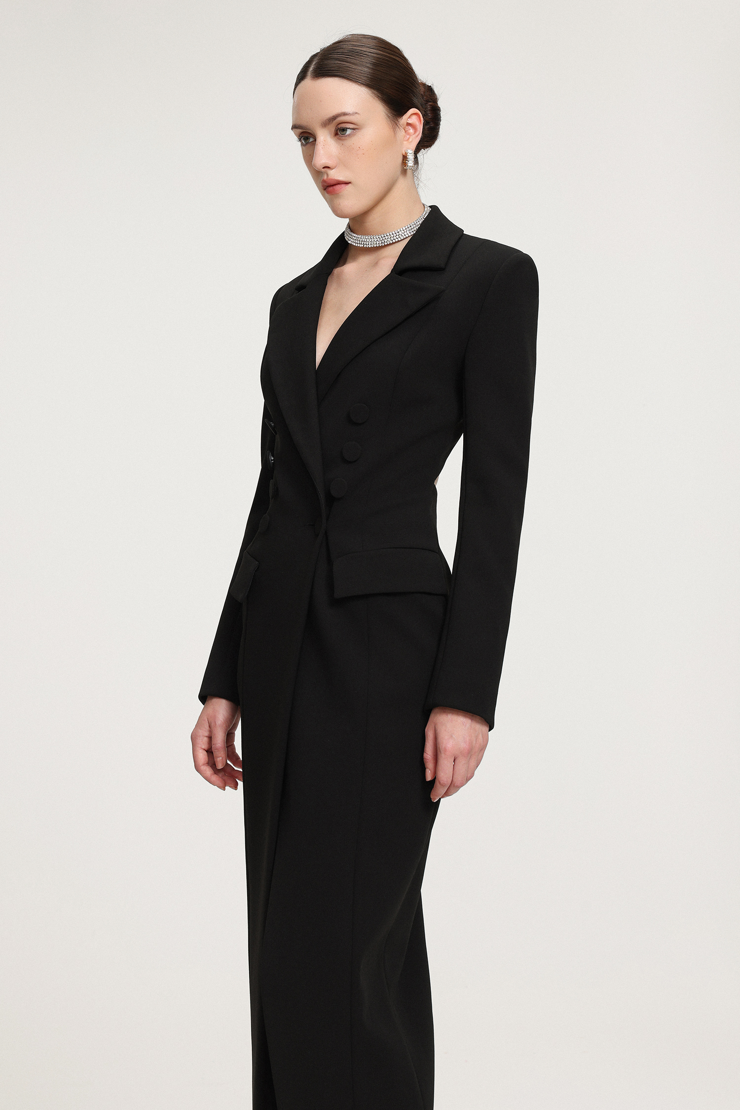 Double-Breasted Asymmetric Hem Crepe Maxi Coat