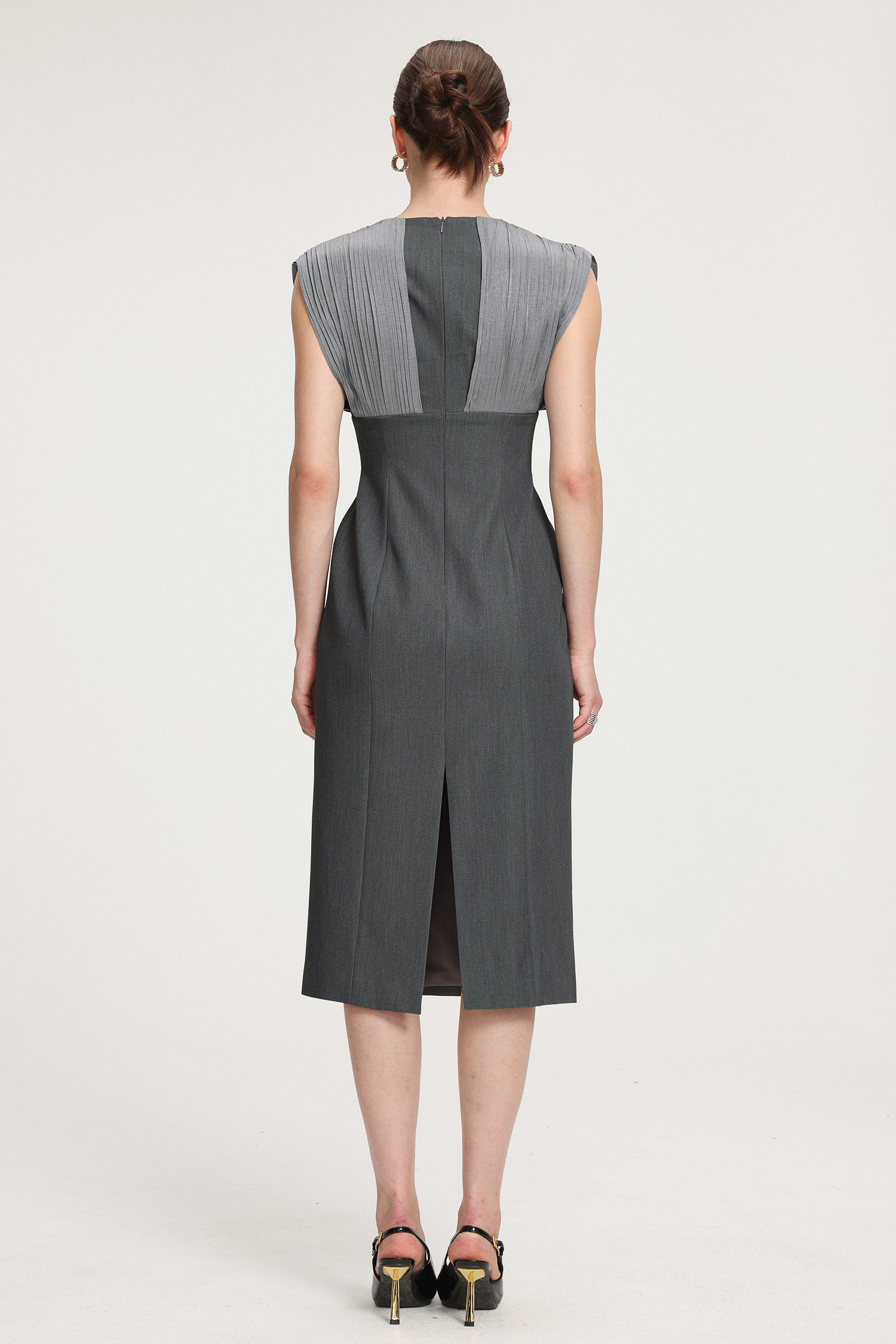 V-neck Pleated Crepe Midi Dress