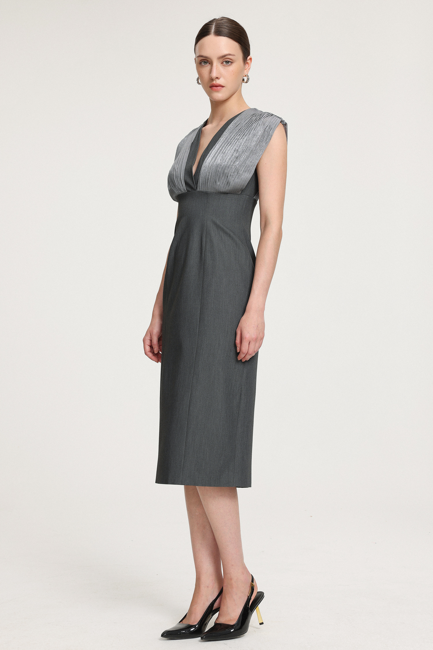 V-neck Pleated Crepe Midi Dress