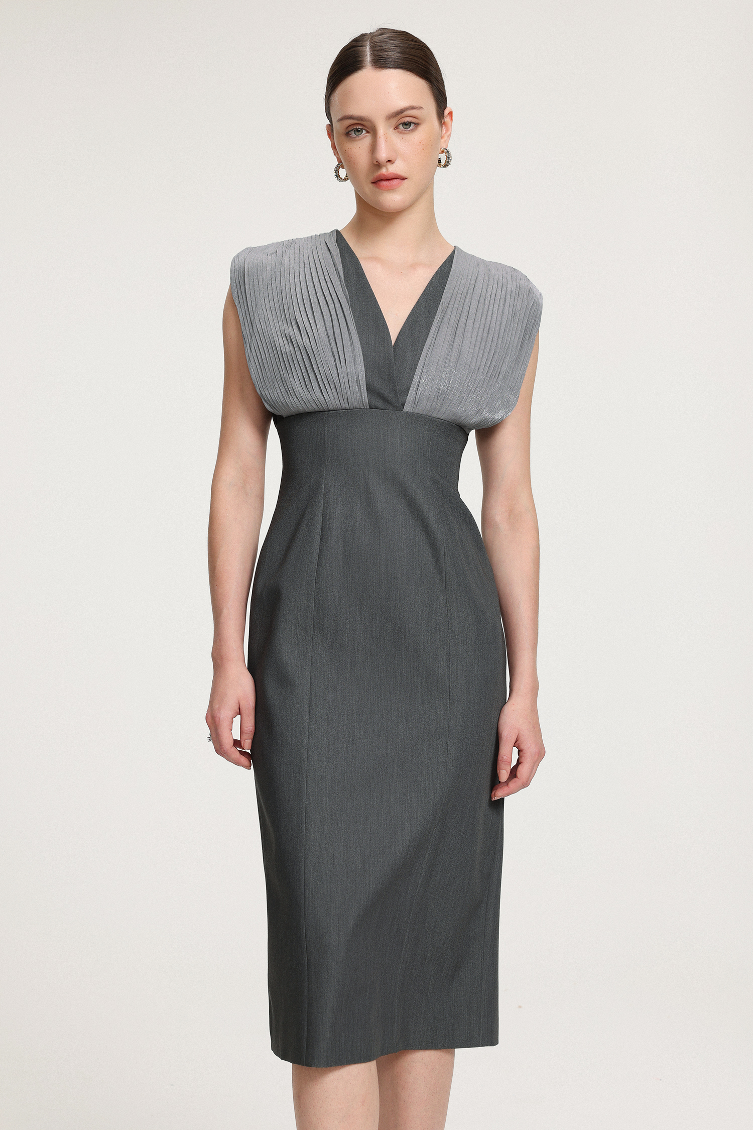 V-neck Pleated Crepe Midi Dress