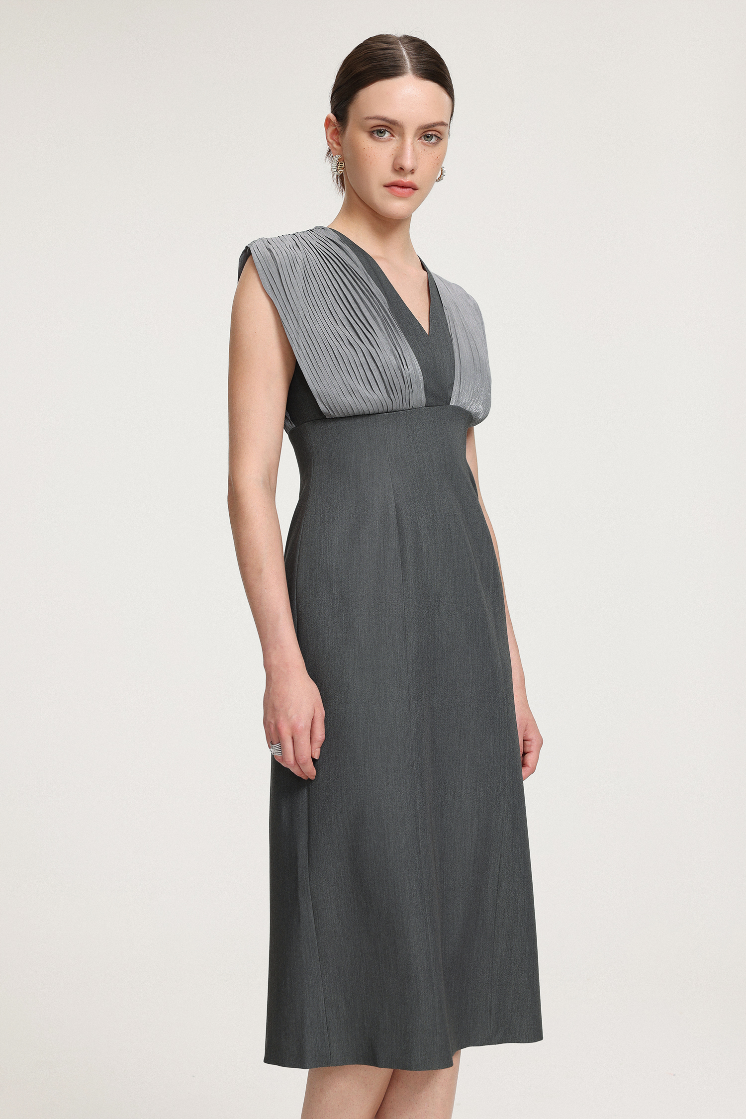 V-neck Pleated Crepe Midi Dress