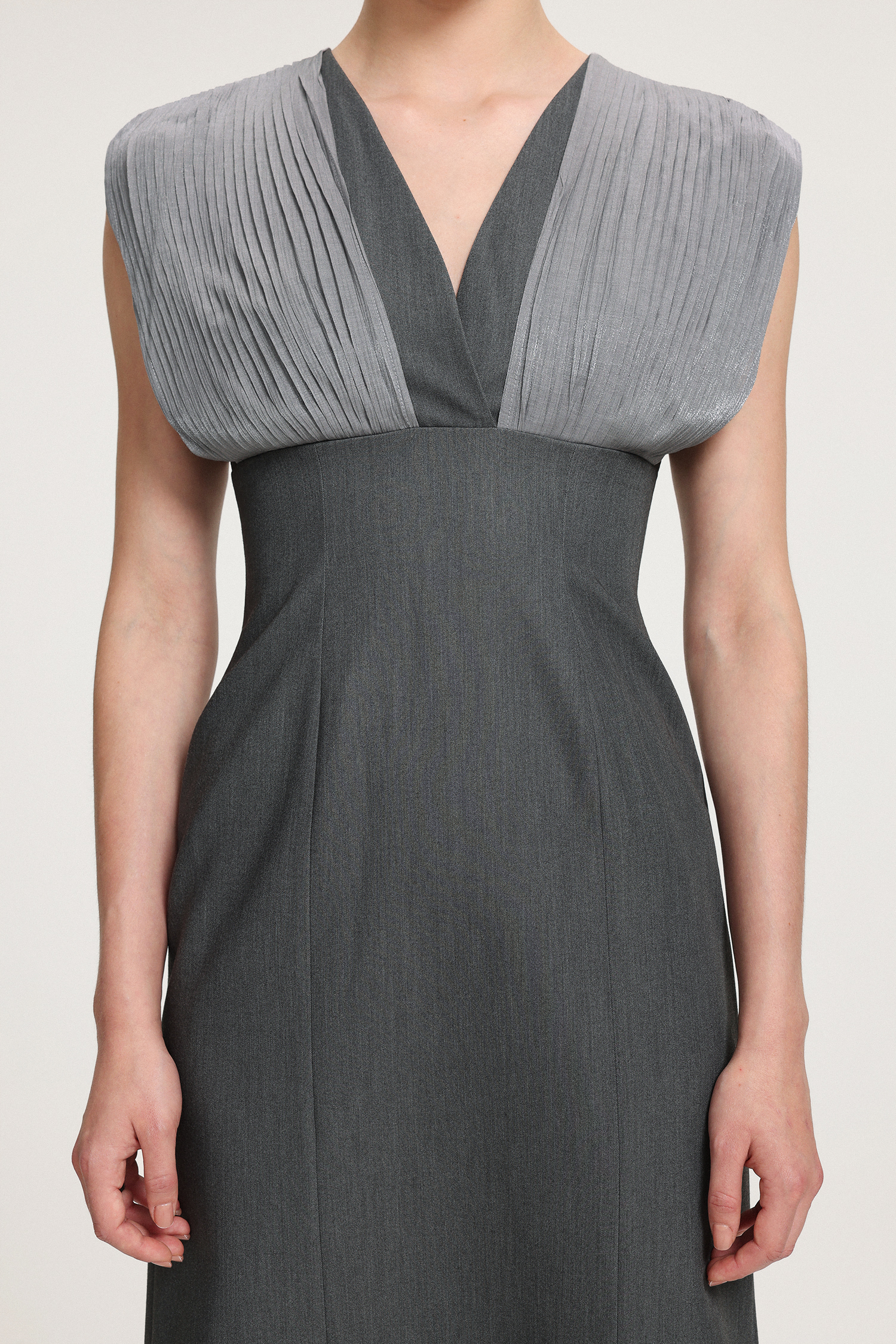 V-neck Pleated Crepe Midi Dress