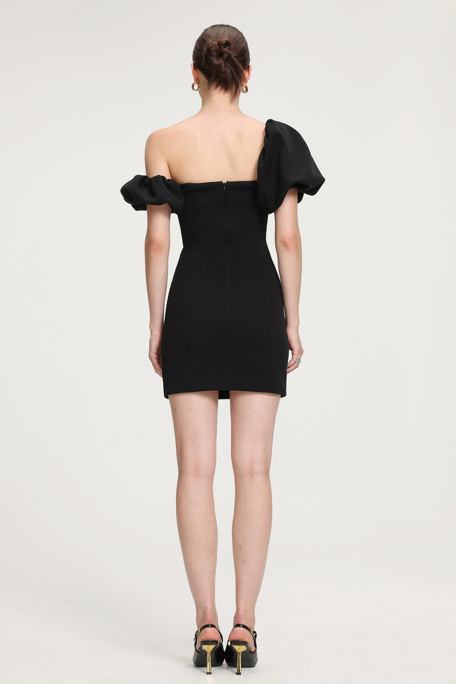 Asymmetric Puff - Sleeve Crepe Mini Dress