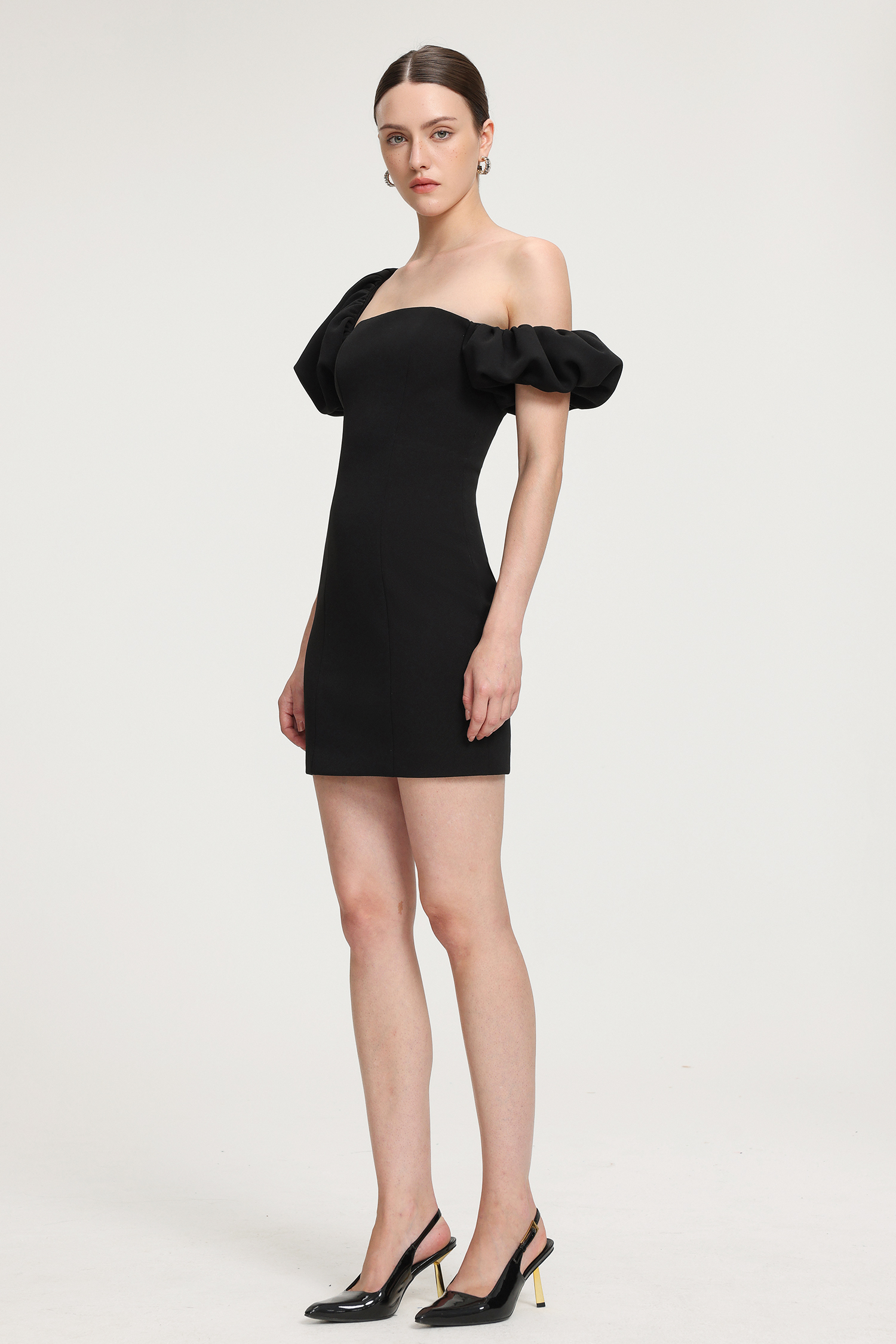 Asymmetric Puff - Sleeve Crepe Mini Dress