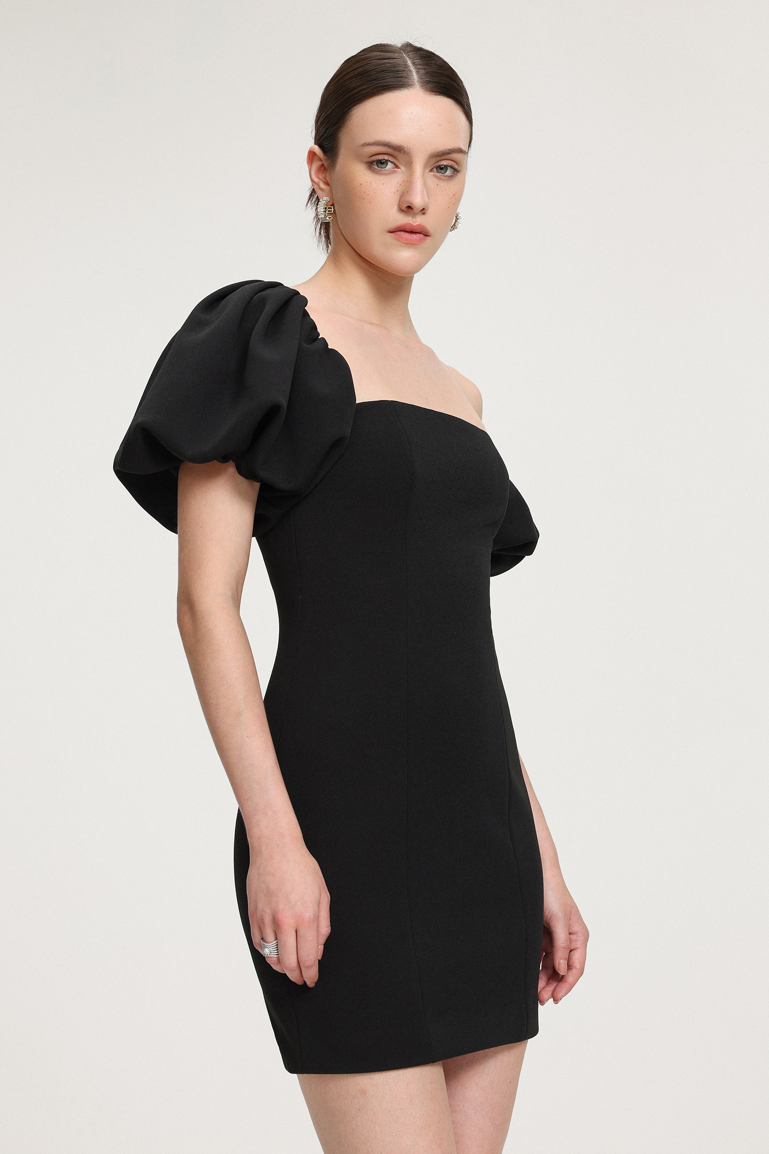 Asymmetric Puff - Sleeve Crepe Mini Dress