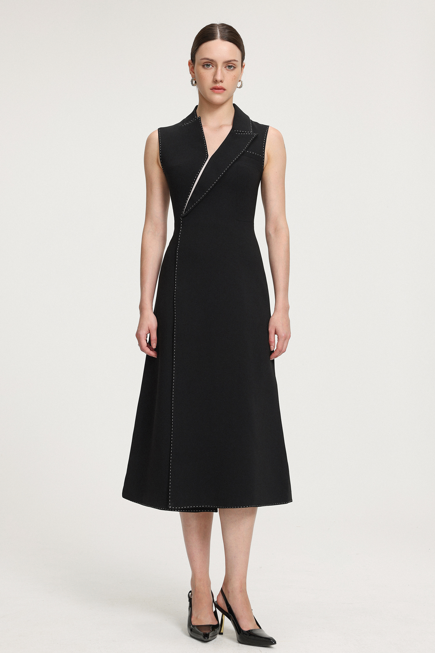 Contrast-Stitched Crepe Midi Dress