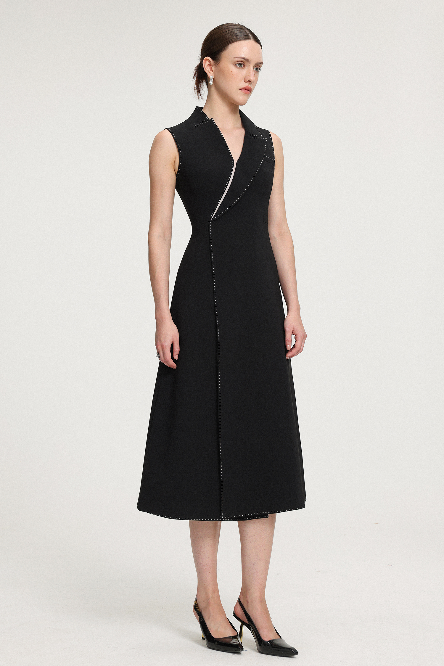 Contrast-Stitched Crepe Midi Dress