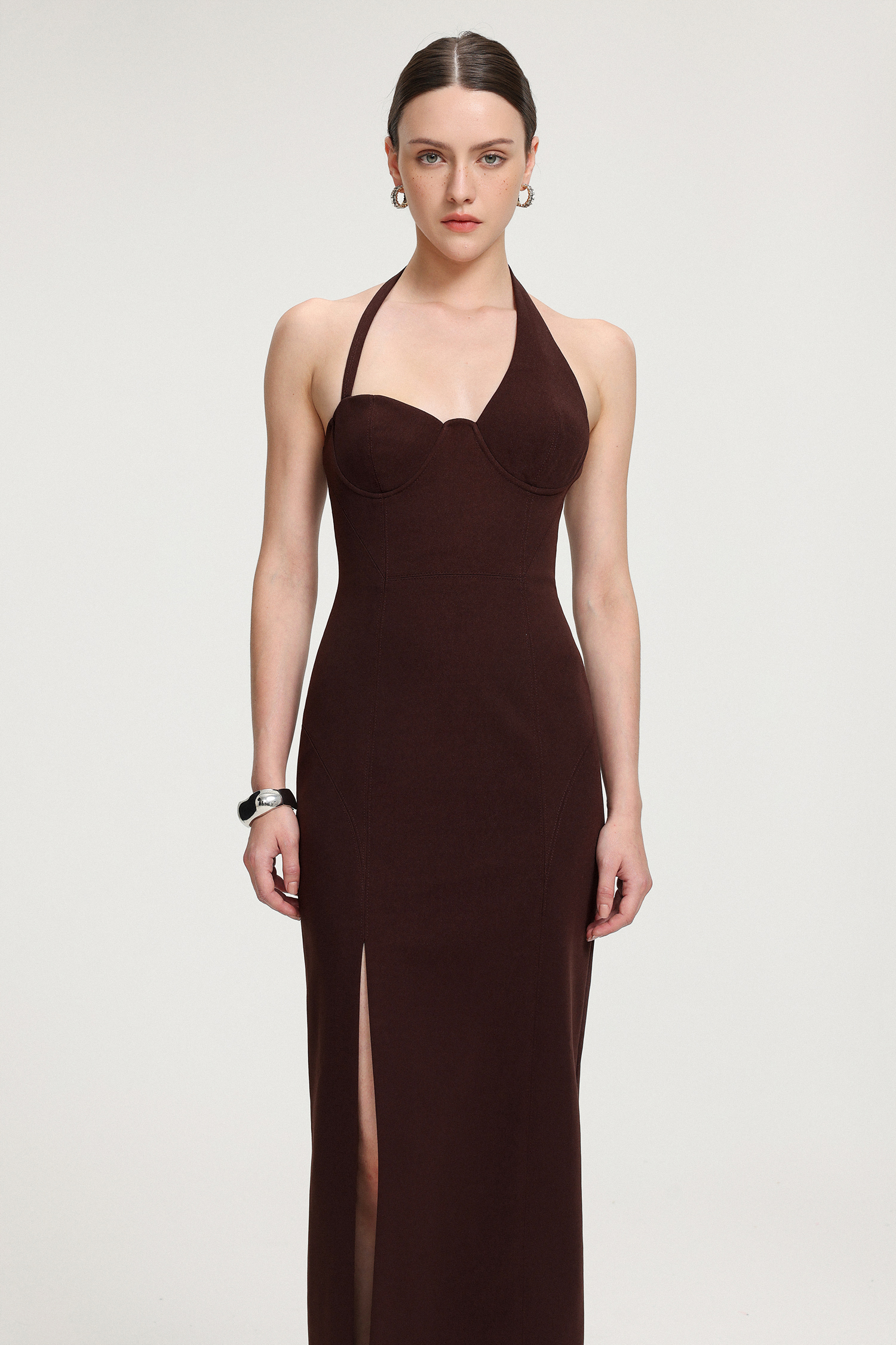 Halter Neck Slit Crepe Maxi Dress