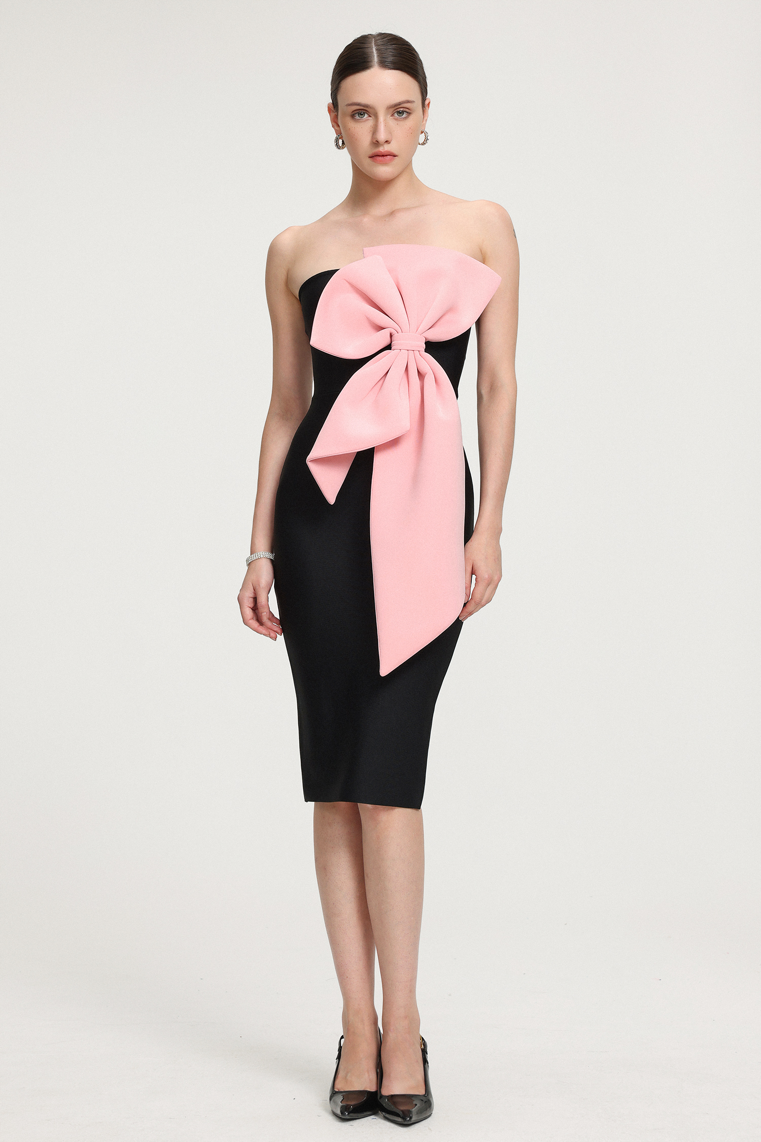 Strapless 3D Bow-Embellished Crepe Midi Dress