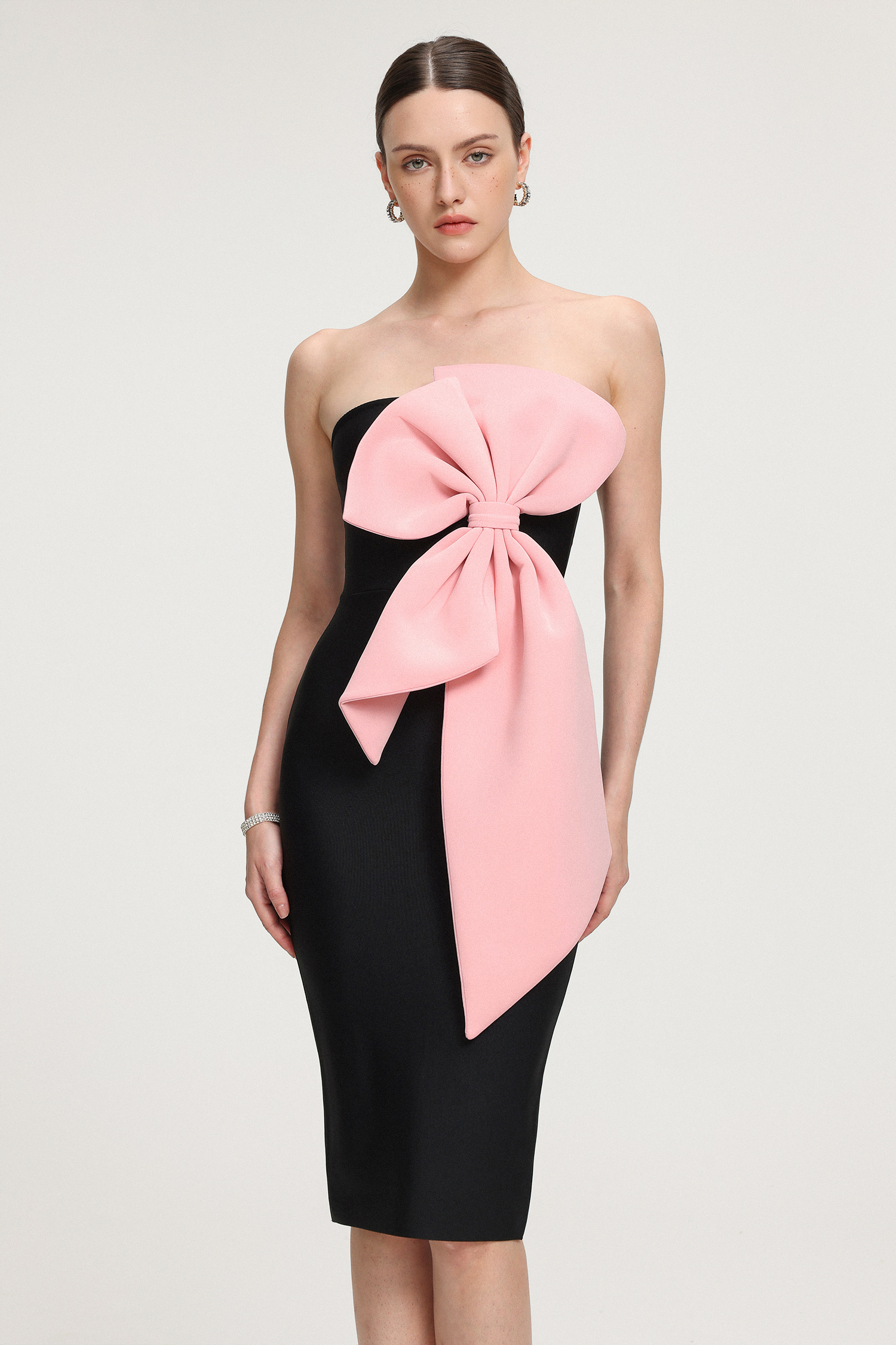 Strapless 3D Bow-Embellished Crepe Midi Dress