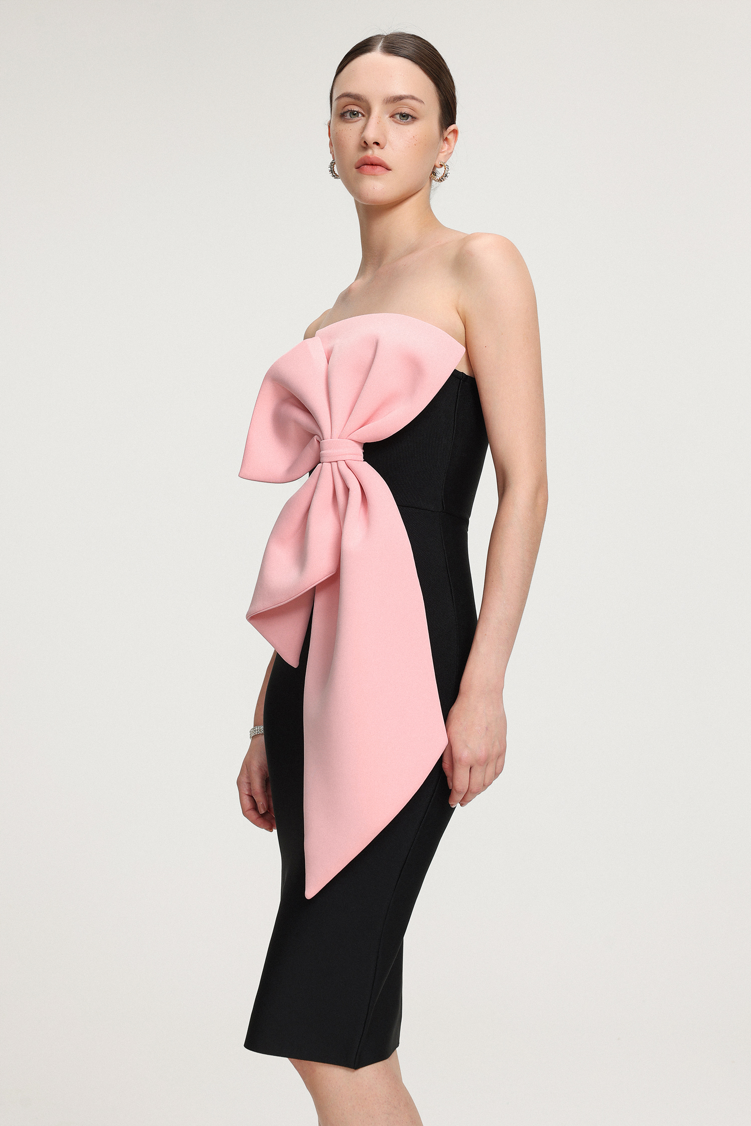 Strapless 3D Bow-Embellished Crepe Midi Dress