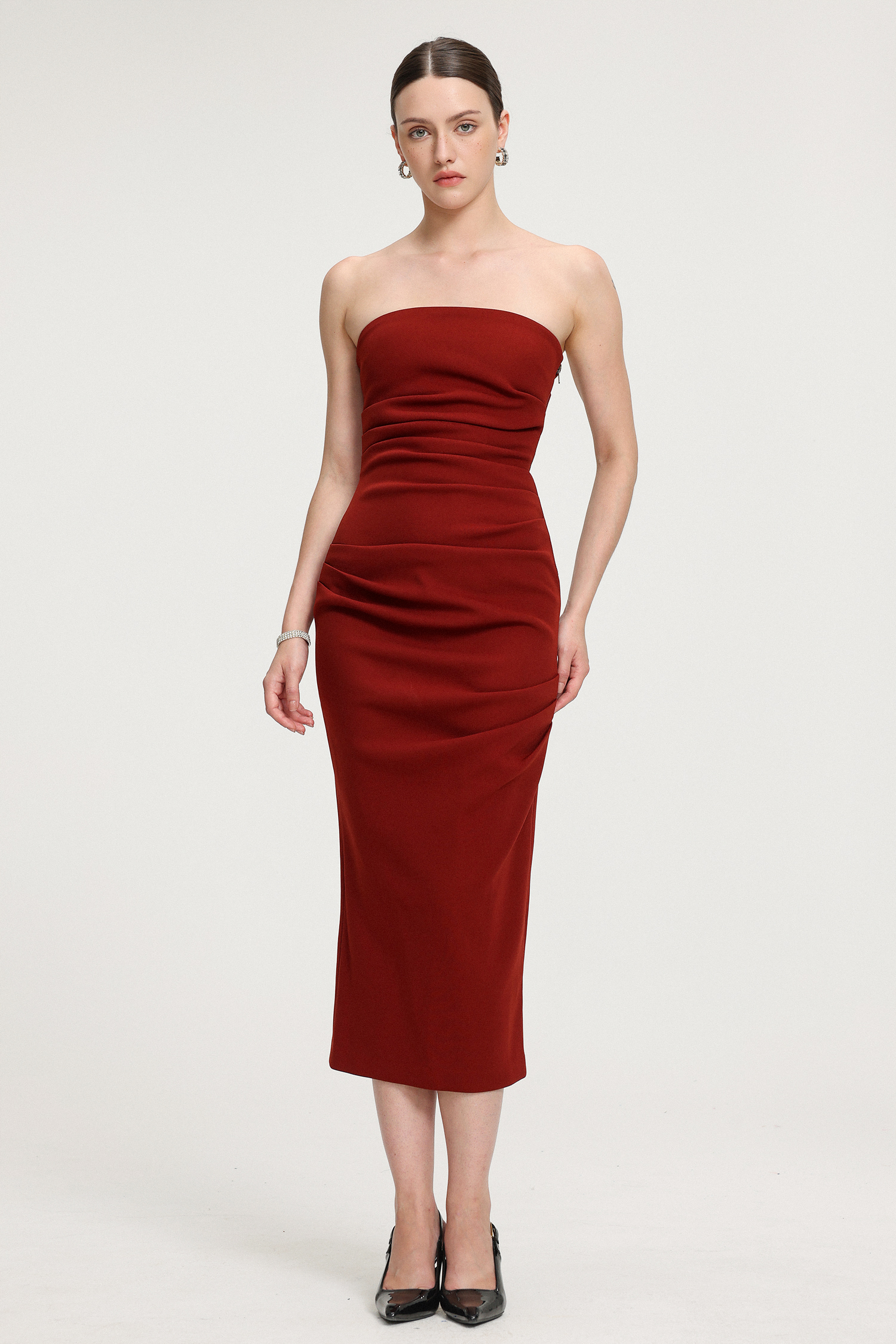 Ruched Strapless Crepe Midi Dress