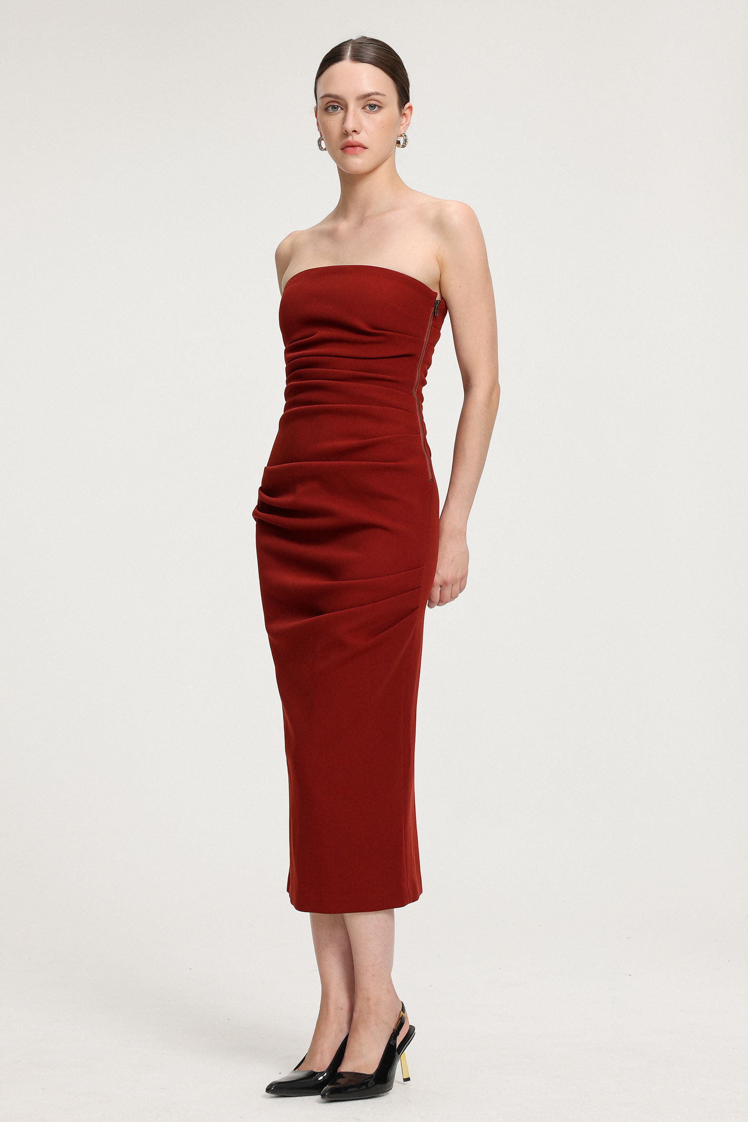 Ruched Strapless Crepe Midi Dress