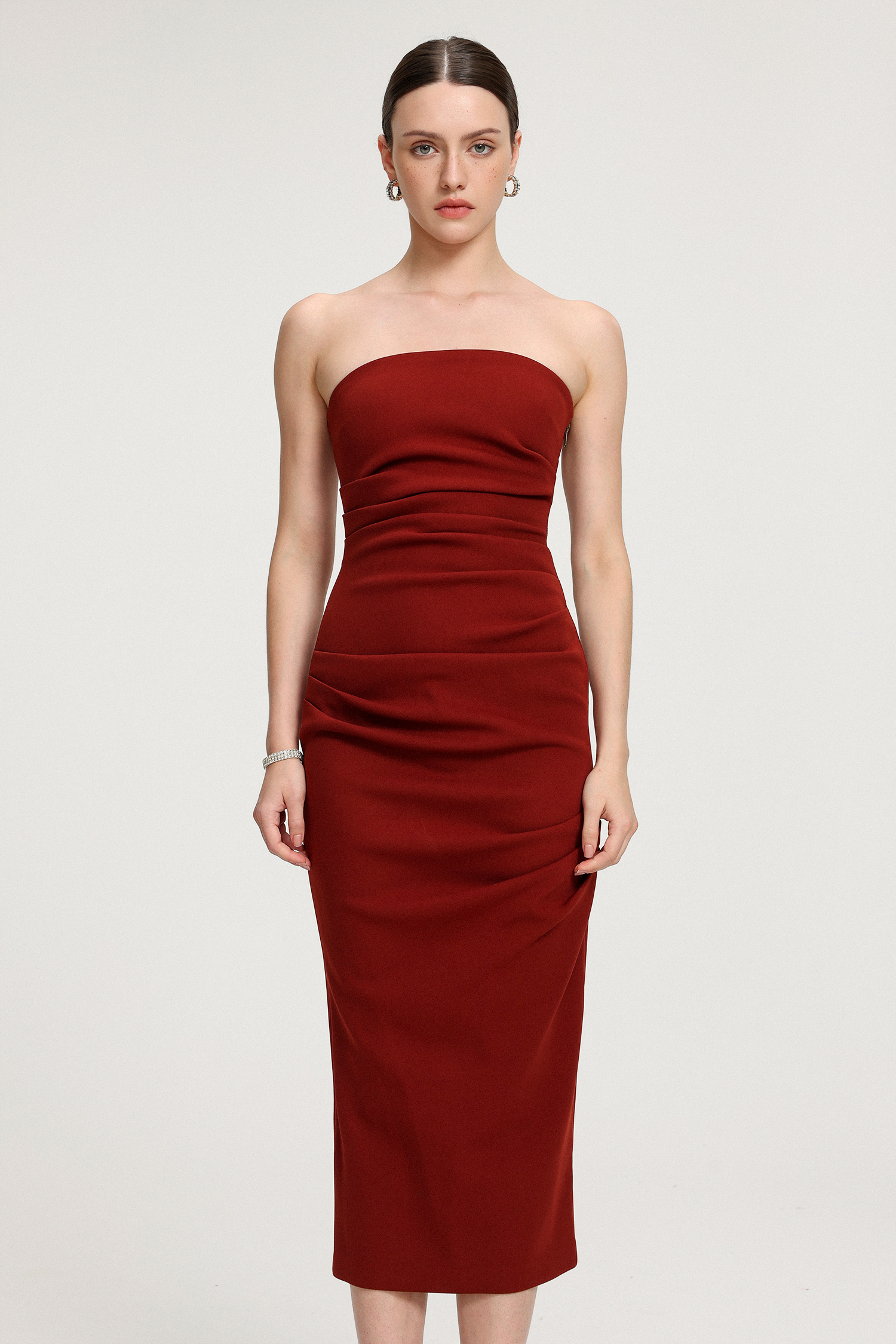 Ruched Strapless Crepe Midi Dress