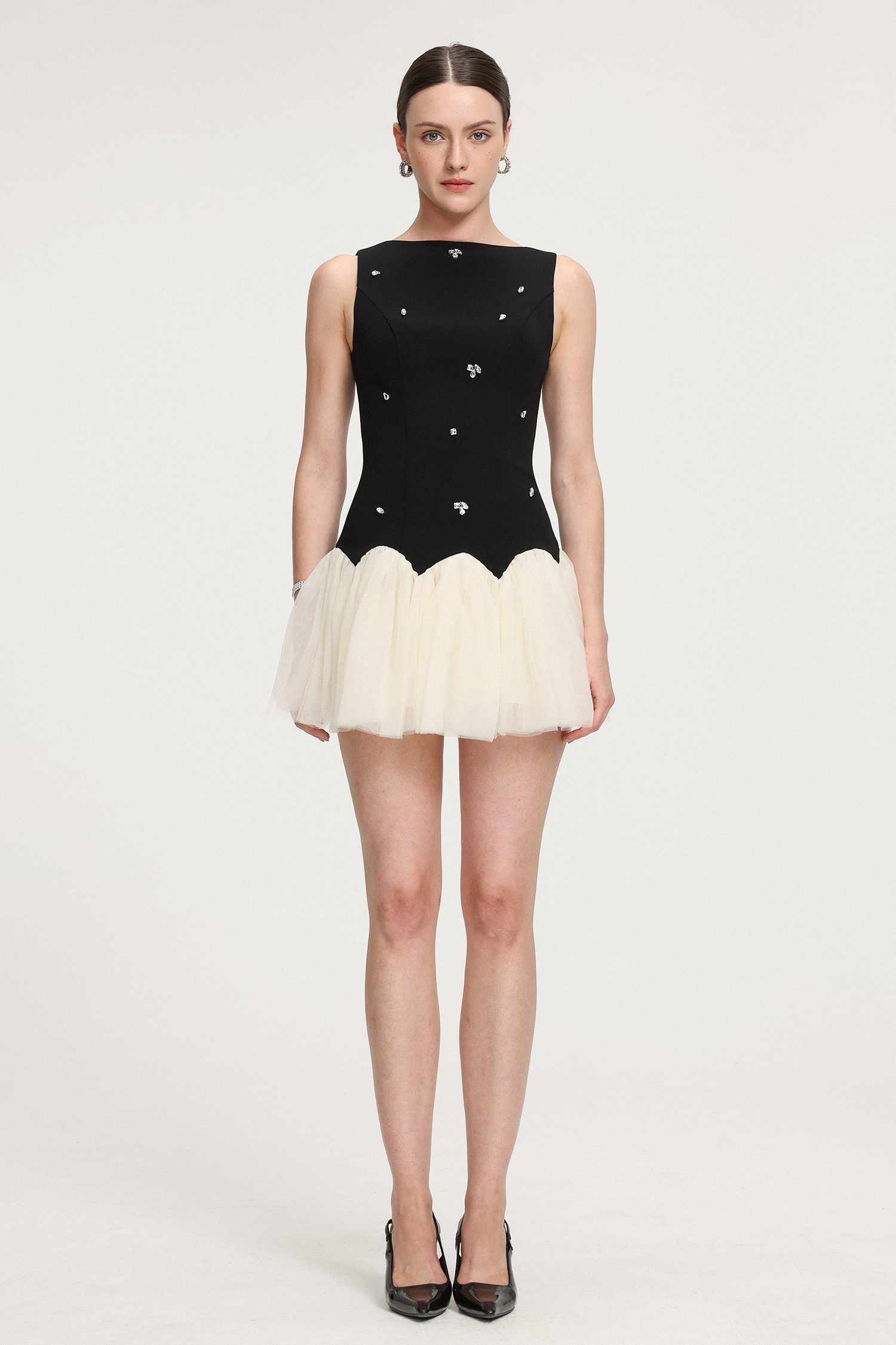 Crystal-Embellished Scallop - Hem Tulle Mini Dress