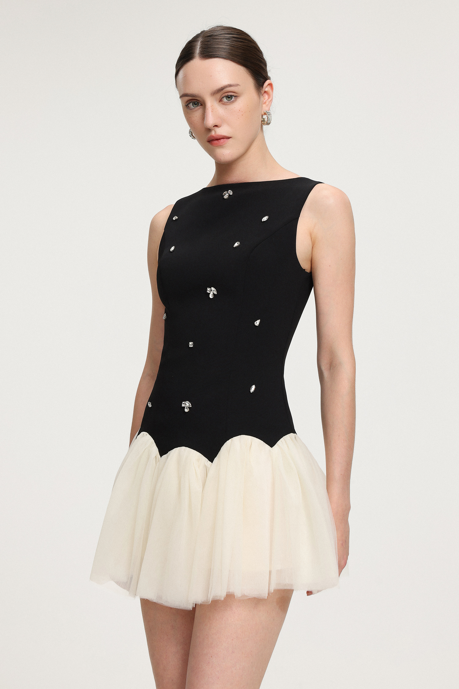 Crystal-Embellished Scallop - Hem Tulle Mini Dress