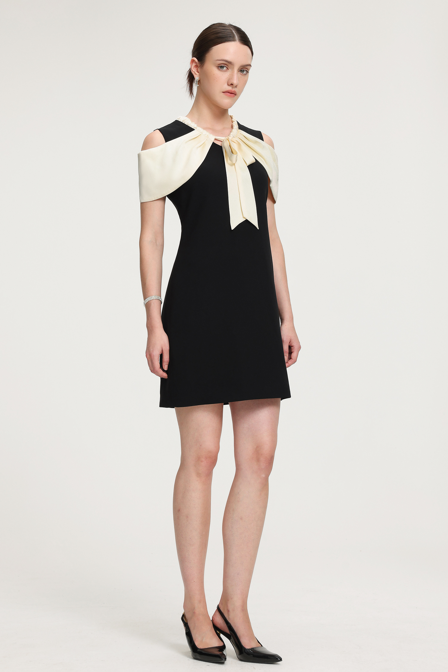 Cold-Shoulder Bow-Detail Crepe Mini Dress