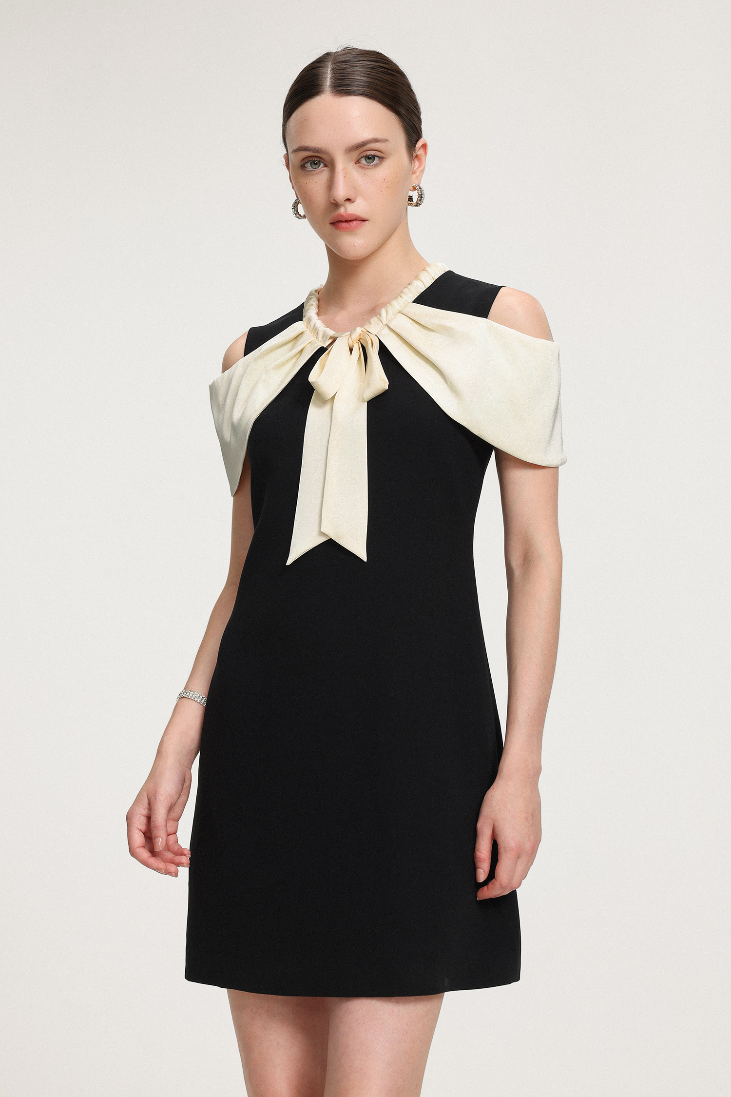 Cold-Shoulder Bow-Detail Crepe Mini Dress