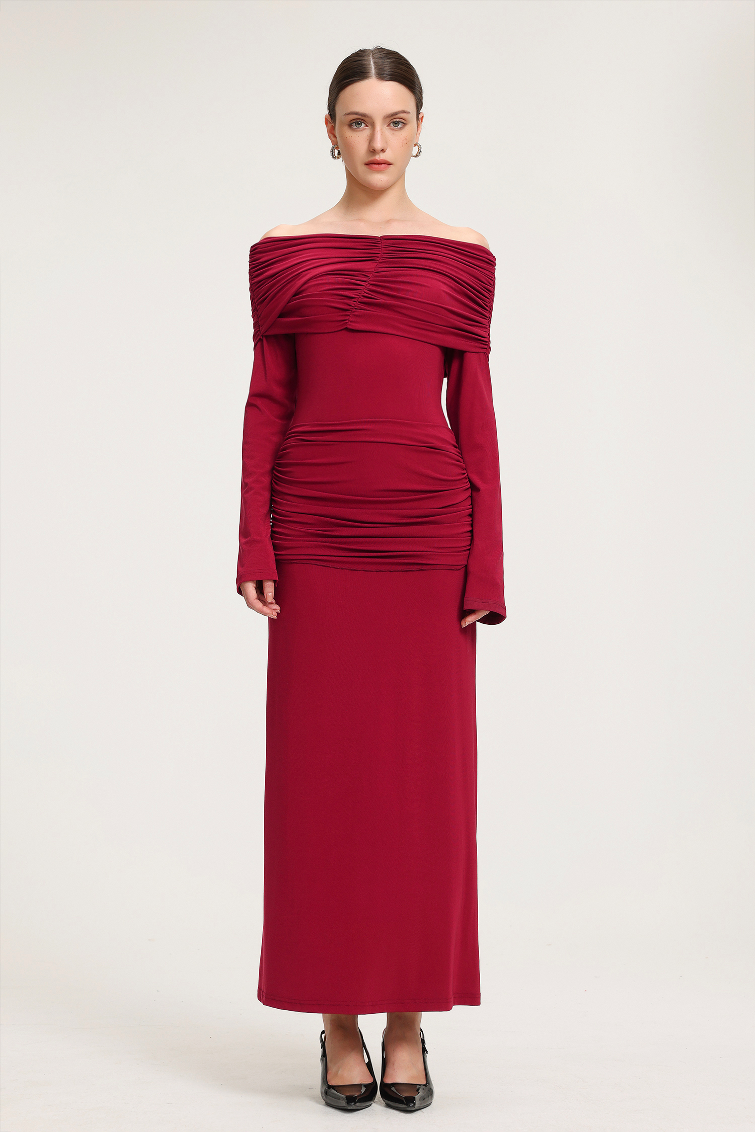 Ruched Off-Shoulder Jersey Maxi Dress