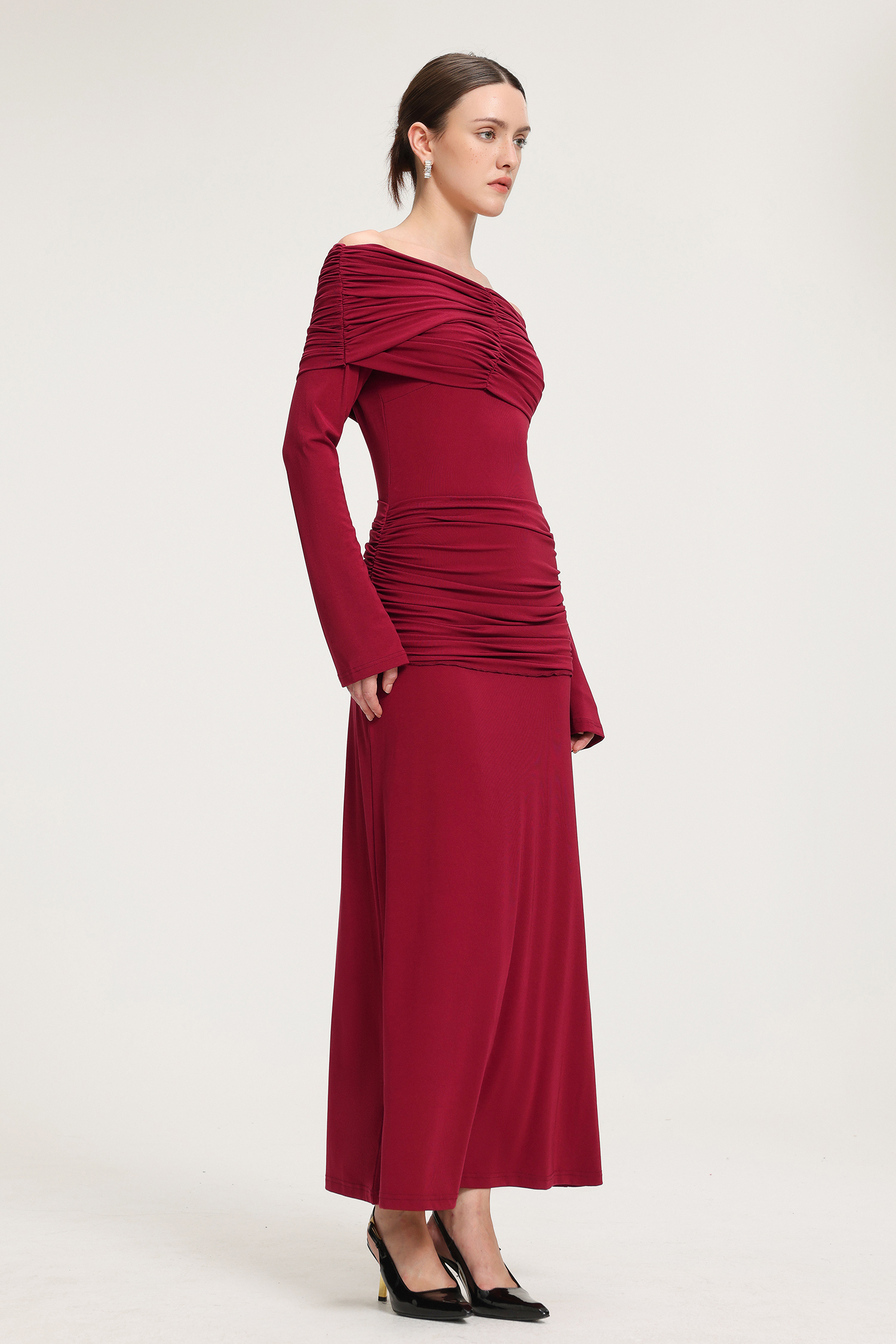 Ruched Off-Shoulder Jersey Maxi Dress