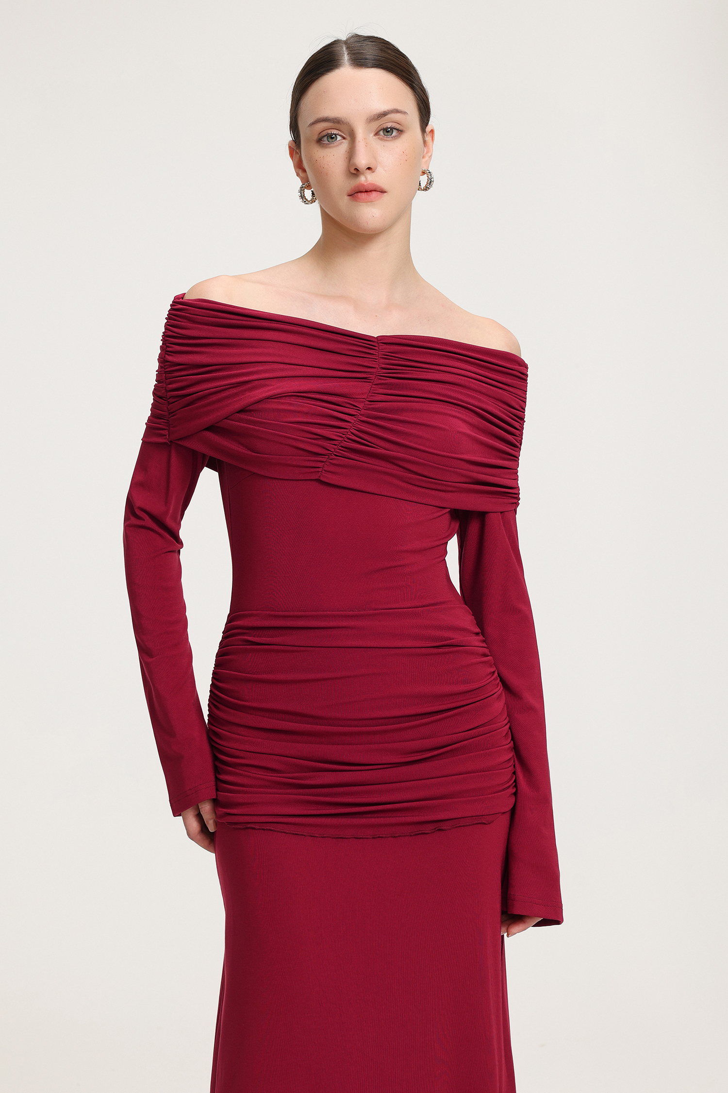 Ruched Off-Shoulder Jersey Maxi Dress