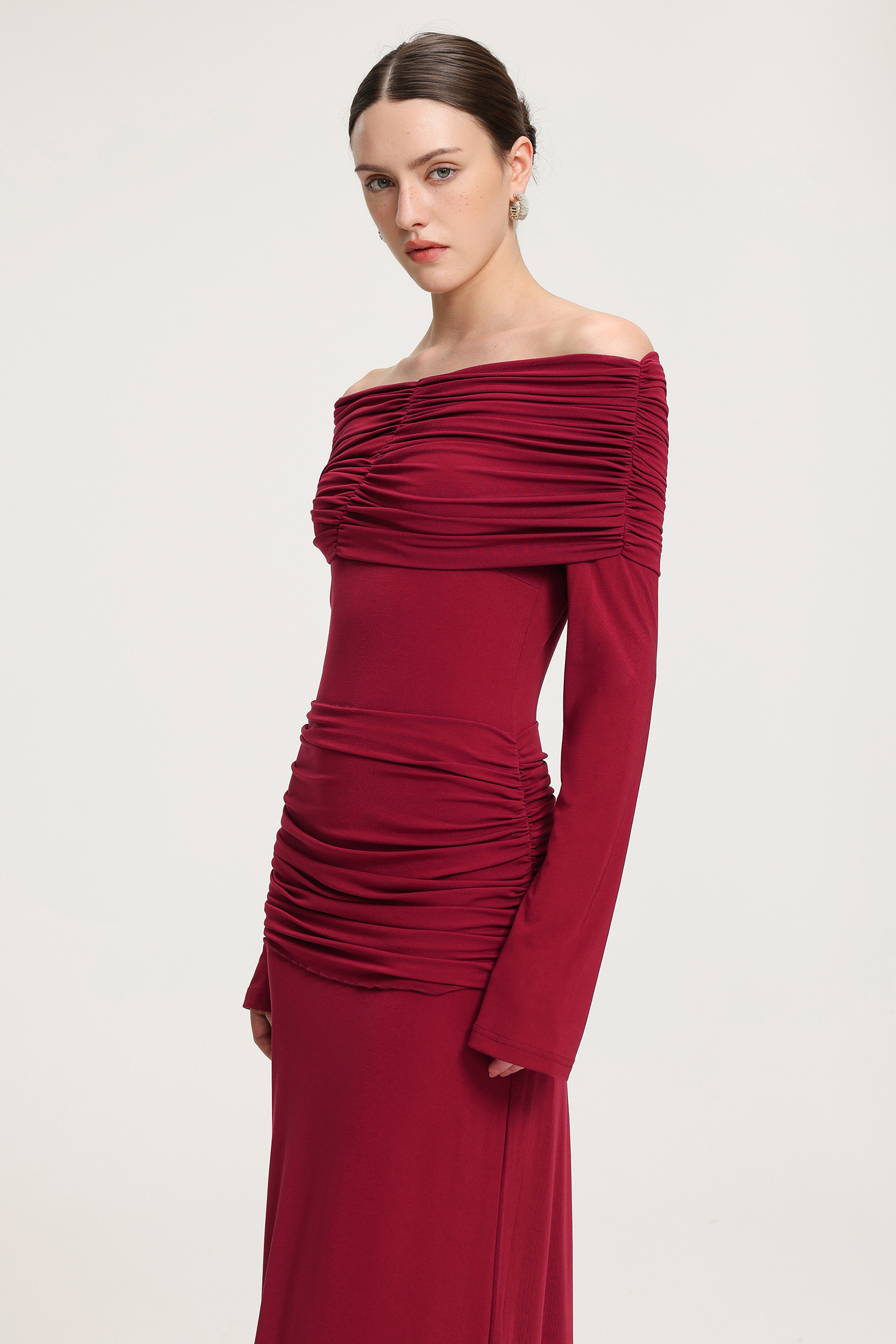 Ruched Off-Shoulder Jersey Maxi Dress