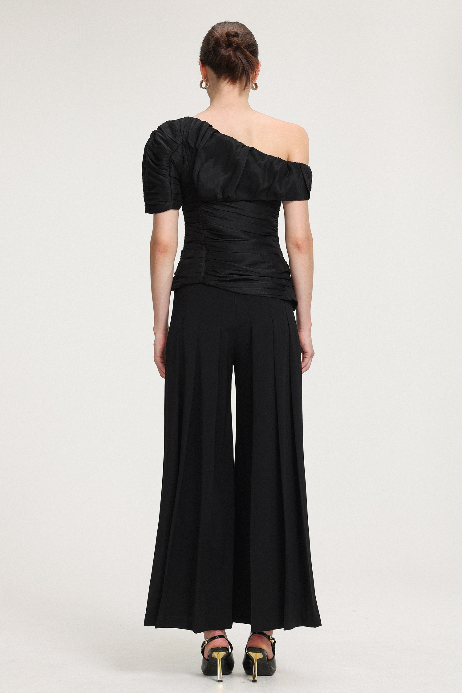 Top: Ruched One - Shoulder Taffeta Top；Pants: Pleated Wide-Leg Trousers