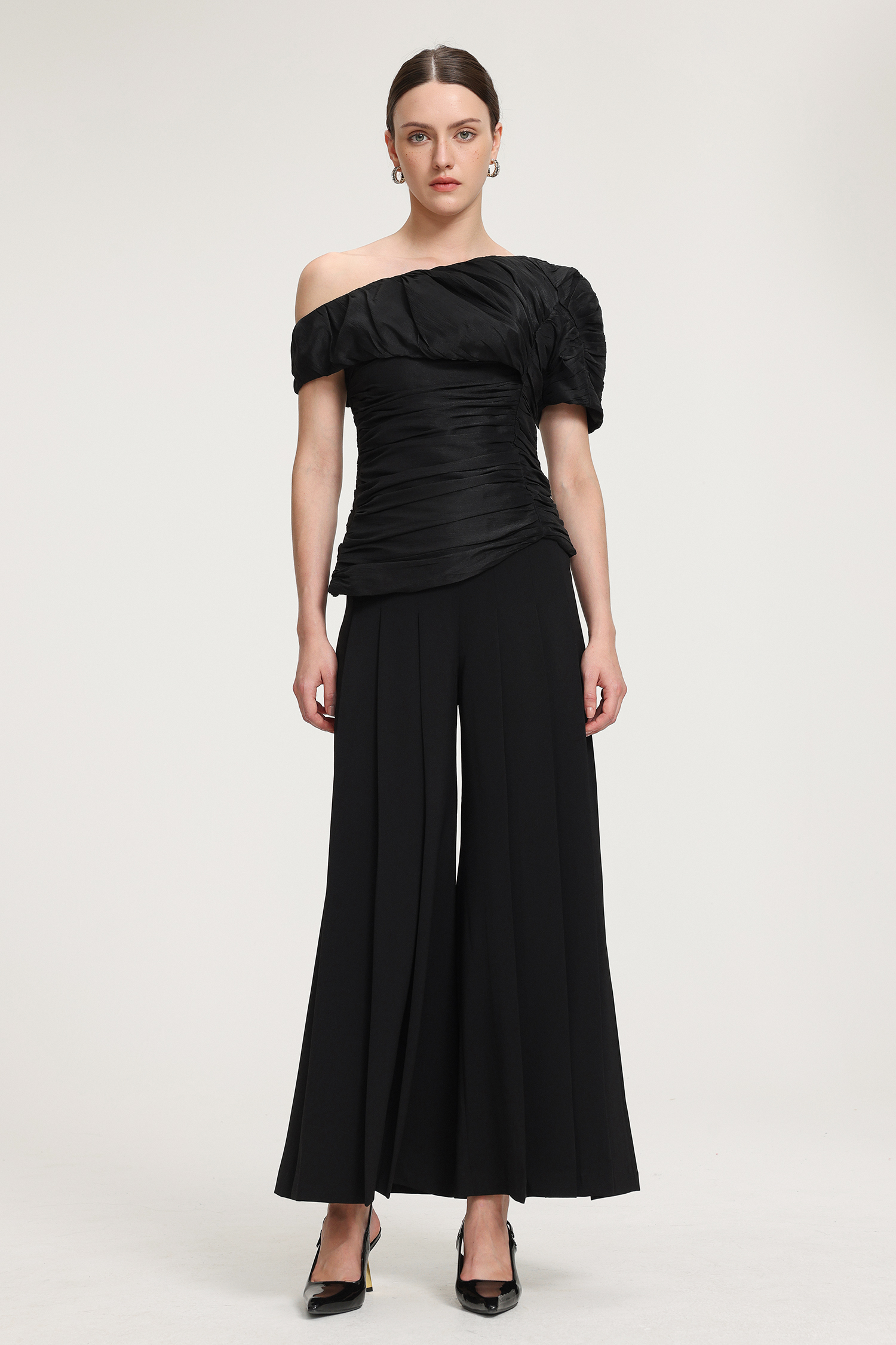 Top: Ruched One - Shoulder Taffeta Top；Pants: Pleated Wide-Leg Trousers