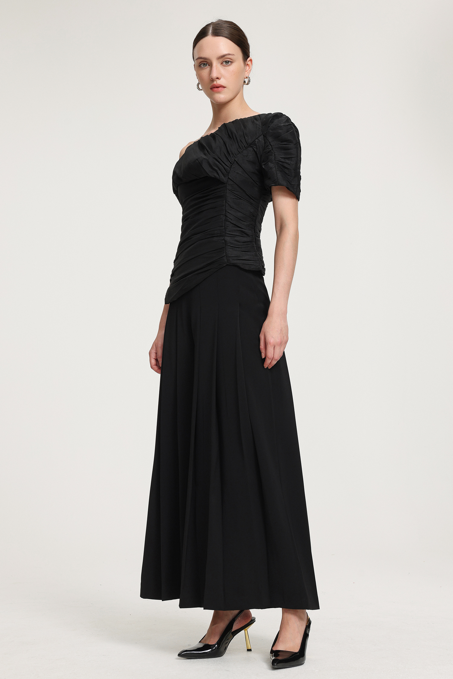 Top: Ruched One - Shoulder Taffeta Top；Pants: Pleated Wide-Leg Trousers