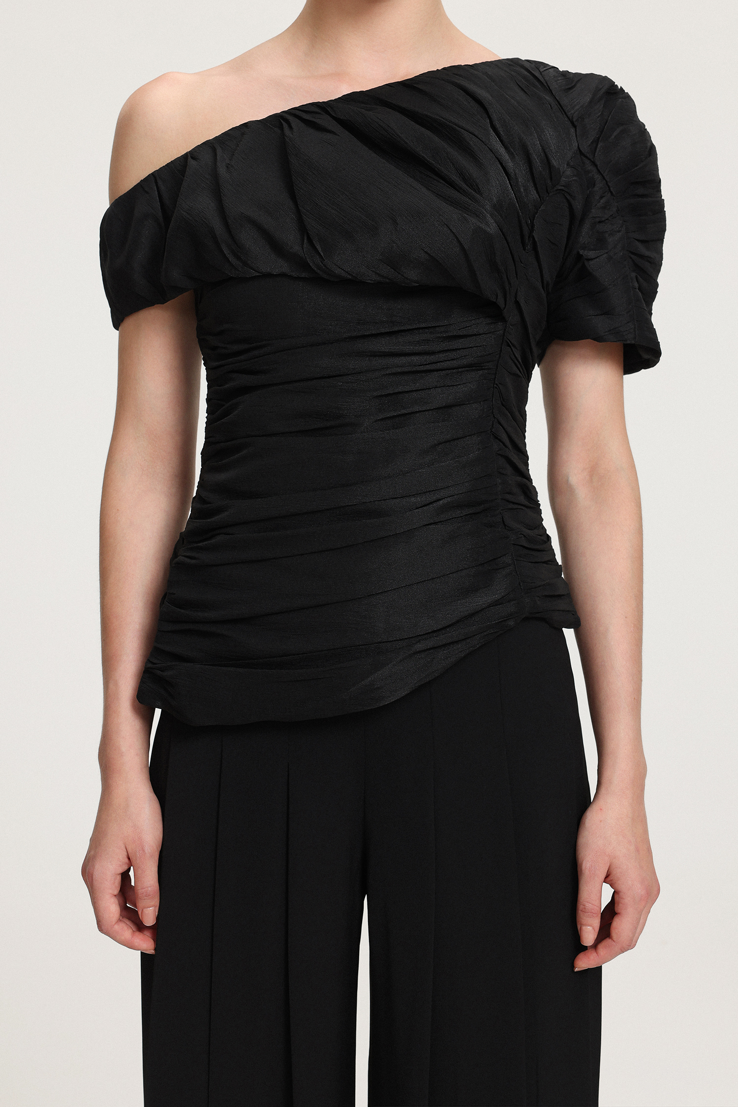 Top: Ruched One - Shoulder Taffeta Top；Pants: Pleated Wide-Leg Trousers