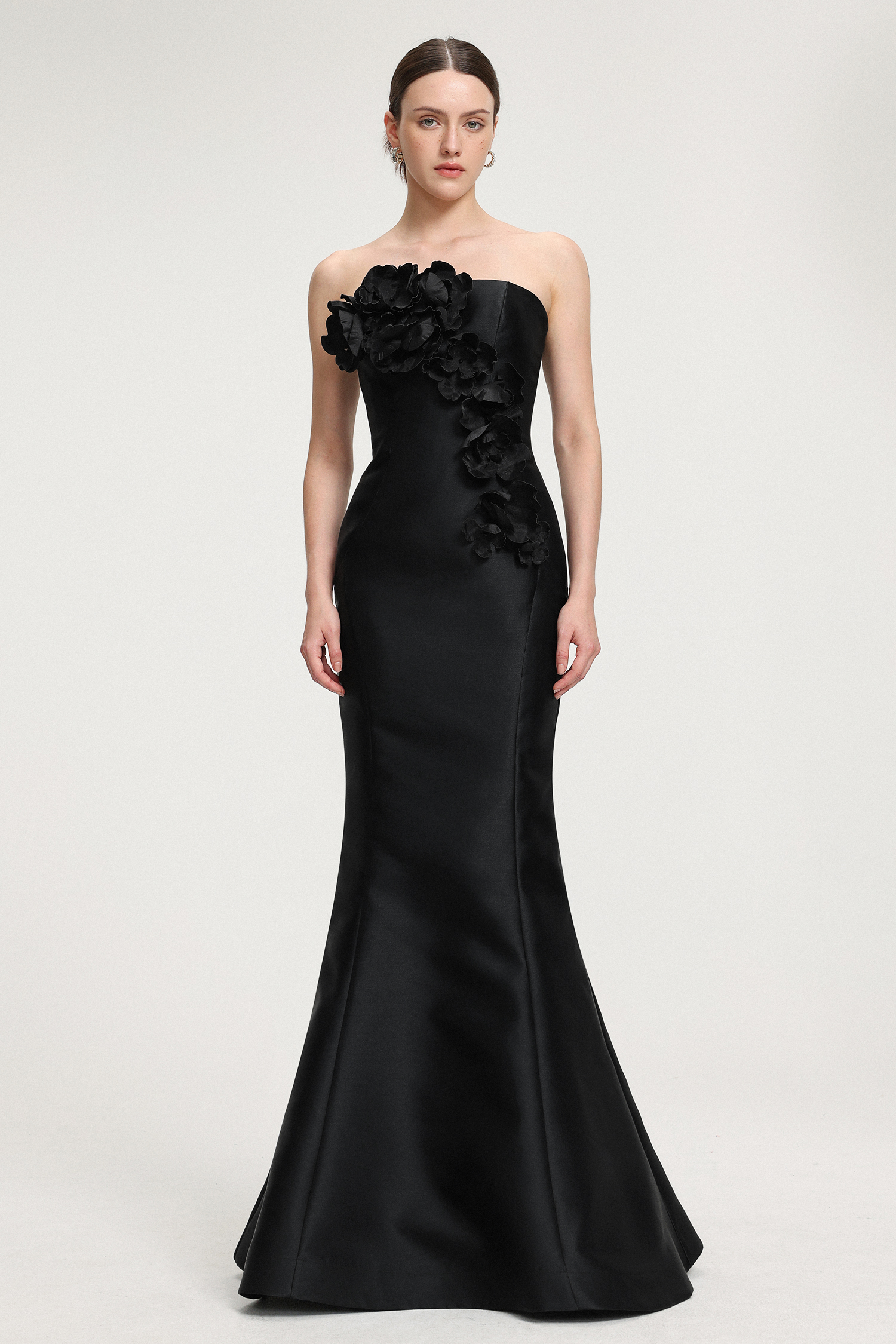 3D Floral - Embellished Strapless Satin Mermaid Maxi Dress