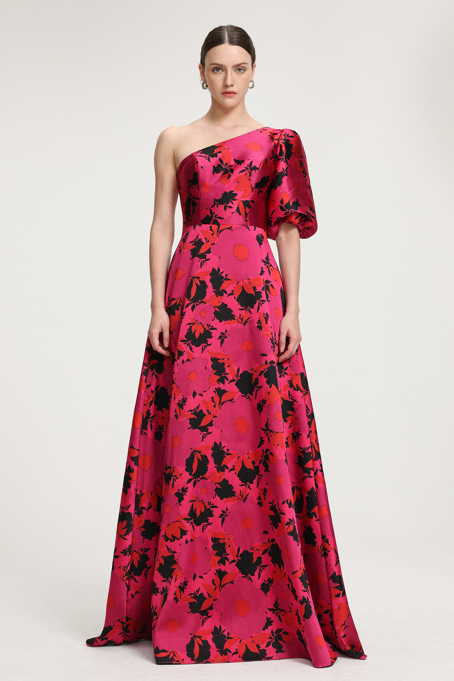 Floral-Printed One-Shoulder Satin Maxi Dress