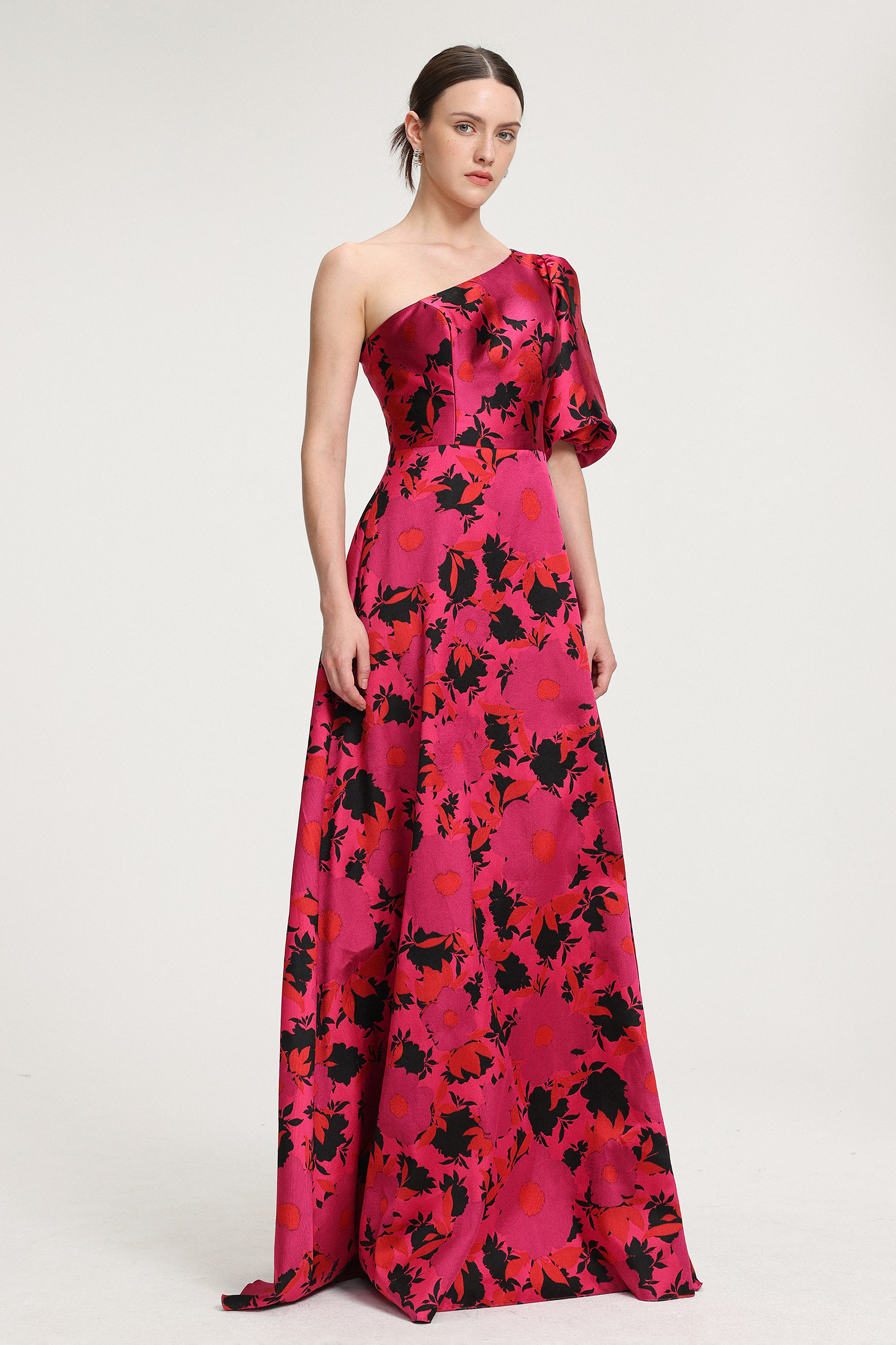 Floral-Printed One-Shoulder Satin Maxi Dress