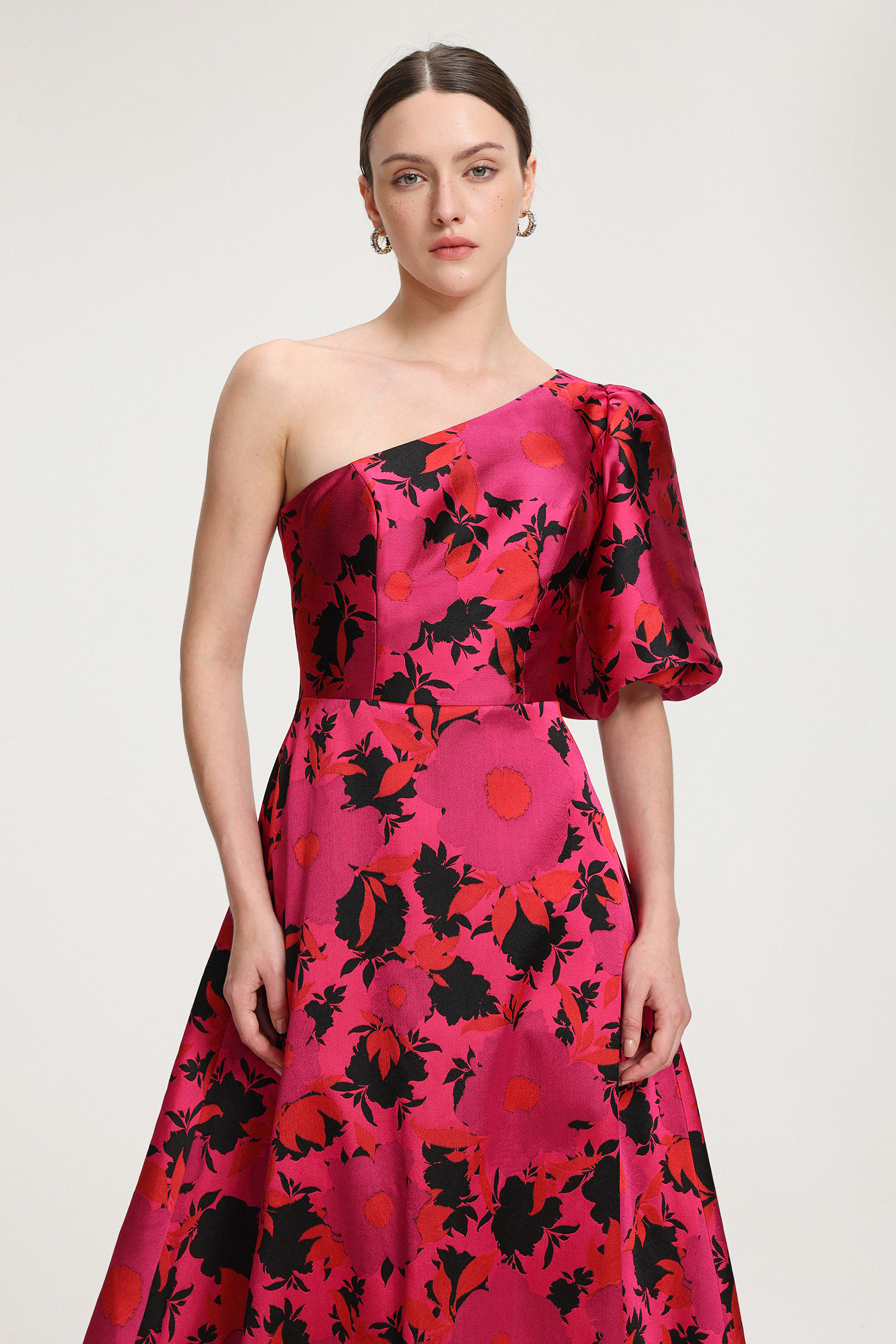 Floral-Printed One-Shoulder Satin Maxi Dress