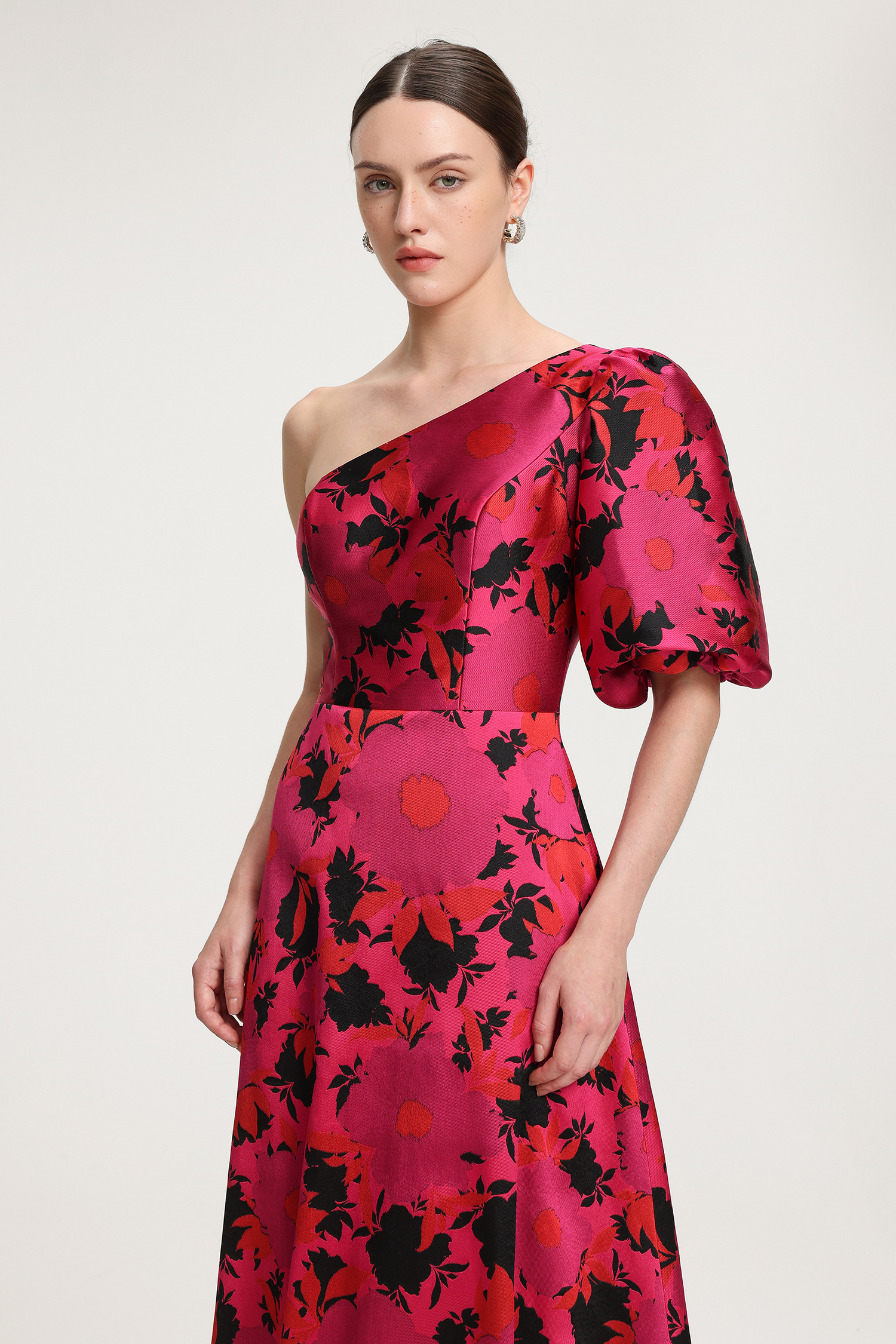 Floral-Printed One-Shoulder Satin Maxi Dress