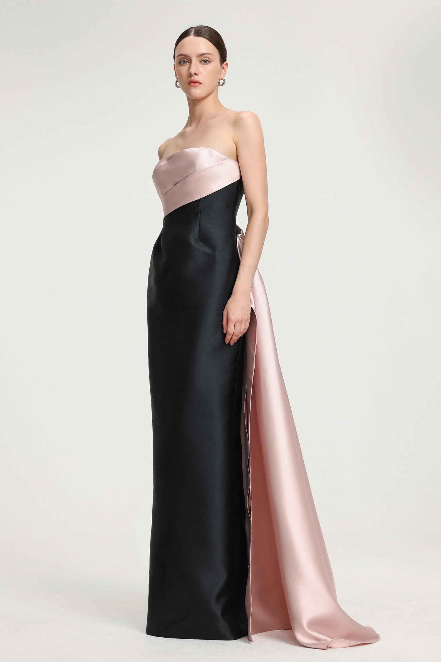Color-Blocked Satin Strapless Maxi Dress
