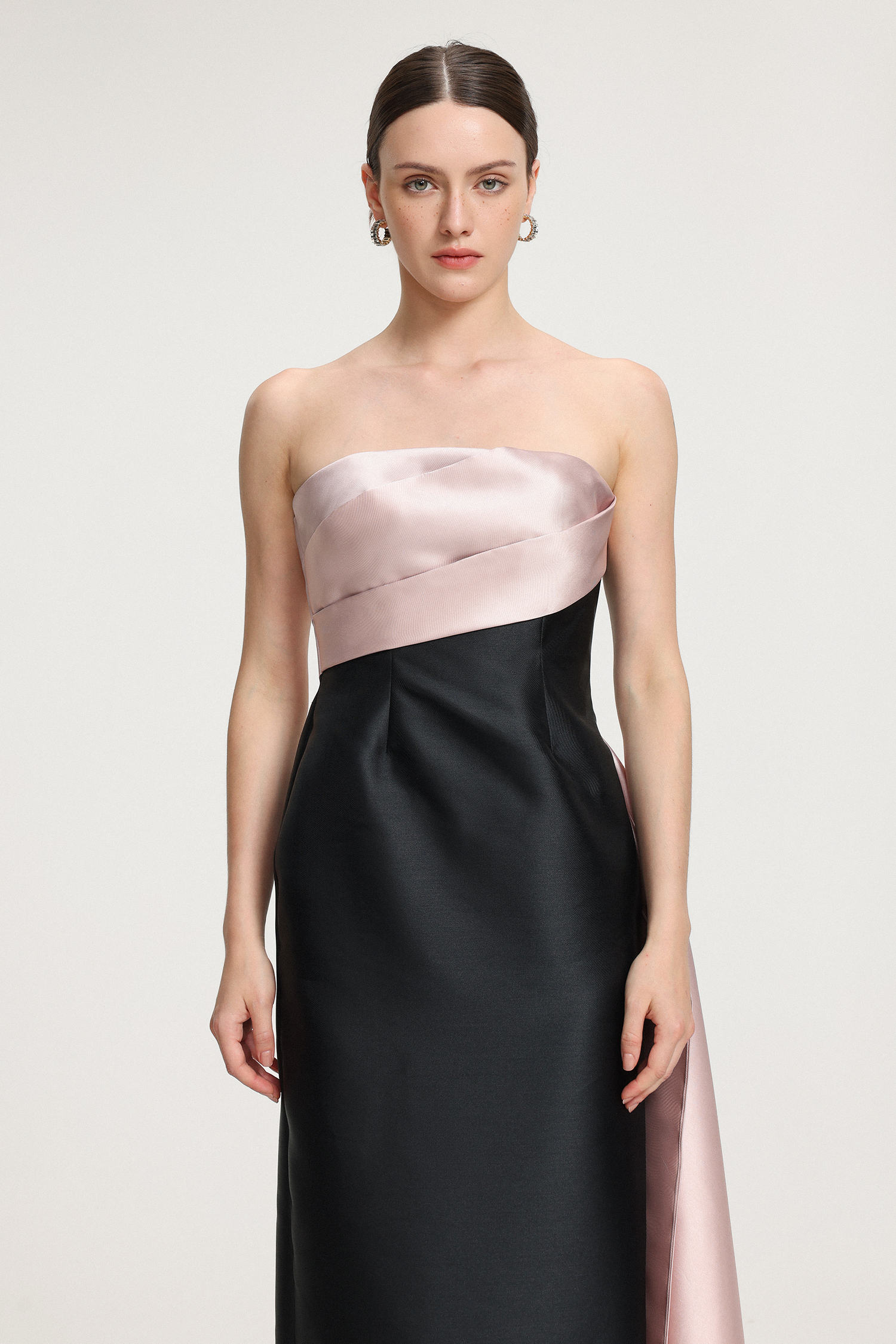 Color-Blocked Satin Strapless Maxi Dress