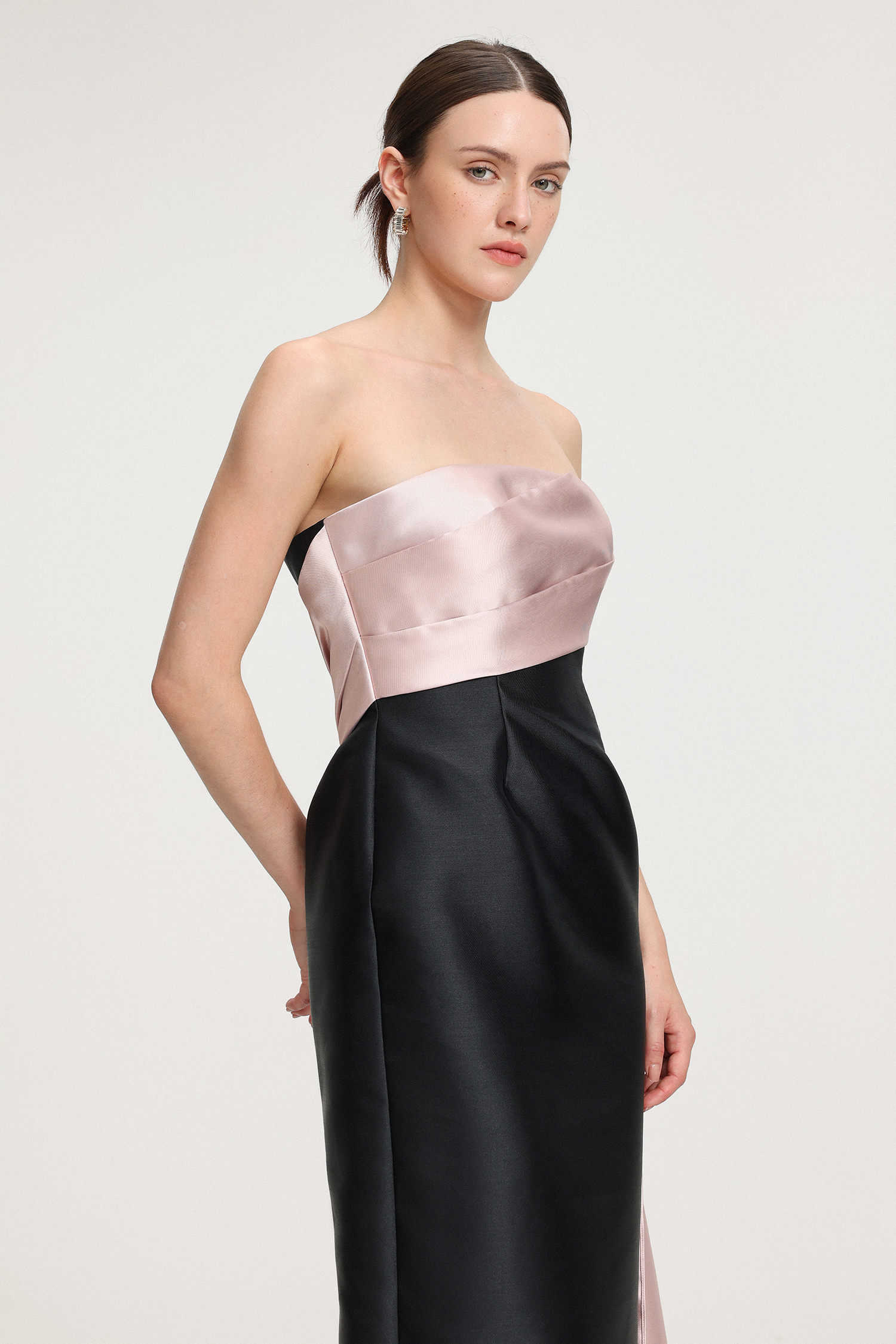 Color-Blocked Satin Strapless Maxi Dress